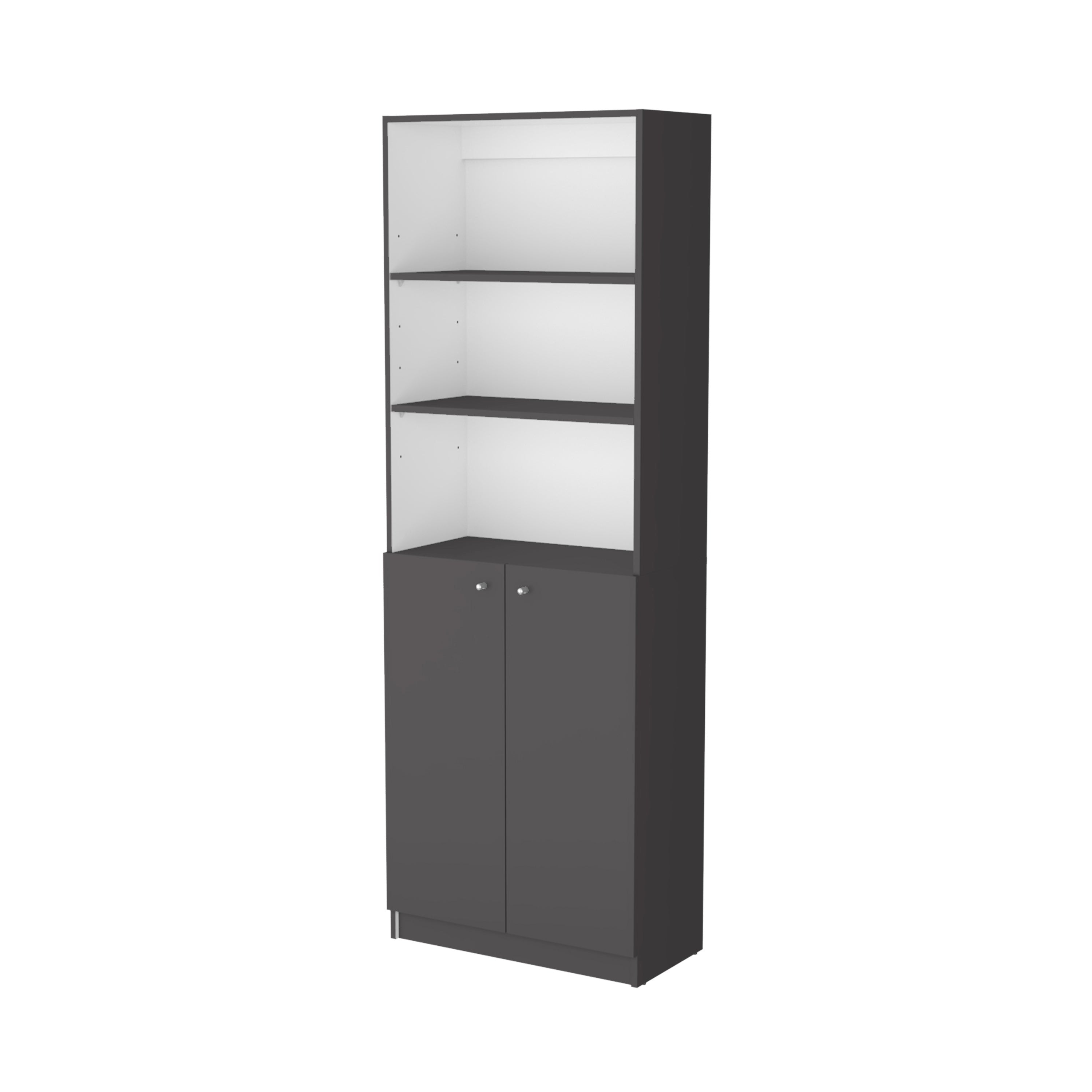 71" Gray And White Wood Three Tier Bookcase with Two Doors