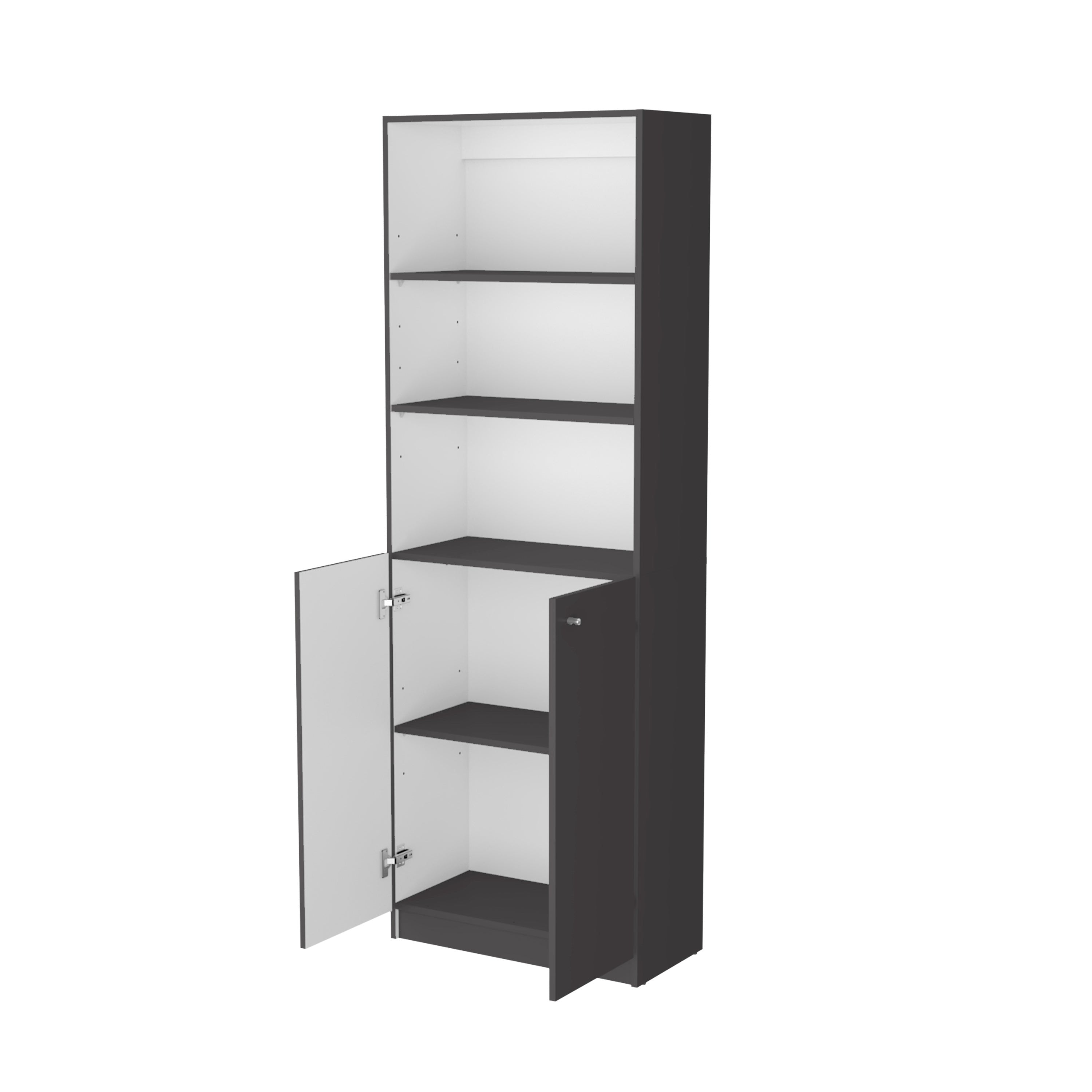 71" Gray And White Wood Three Tier Bookcase with Two Doors