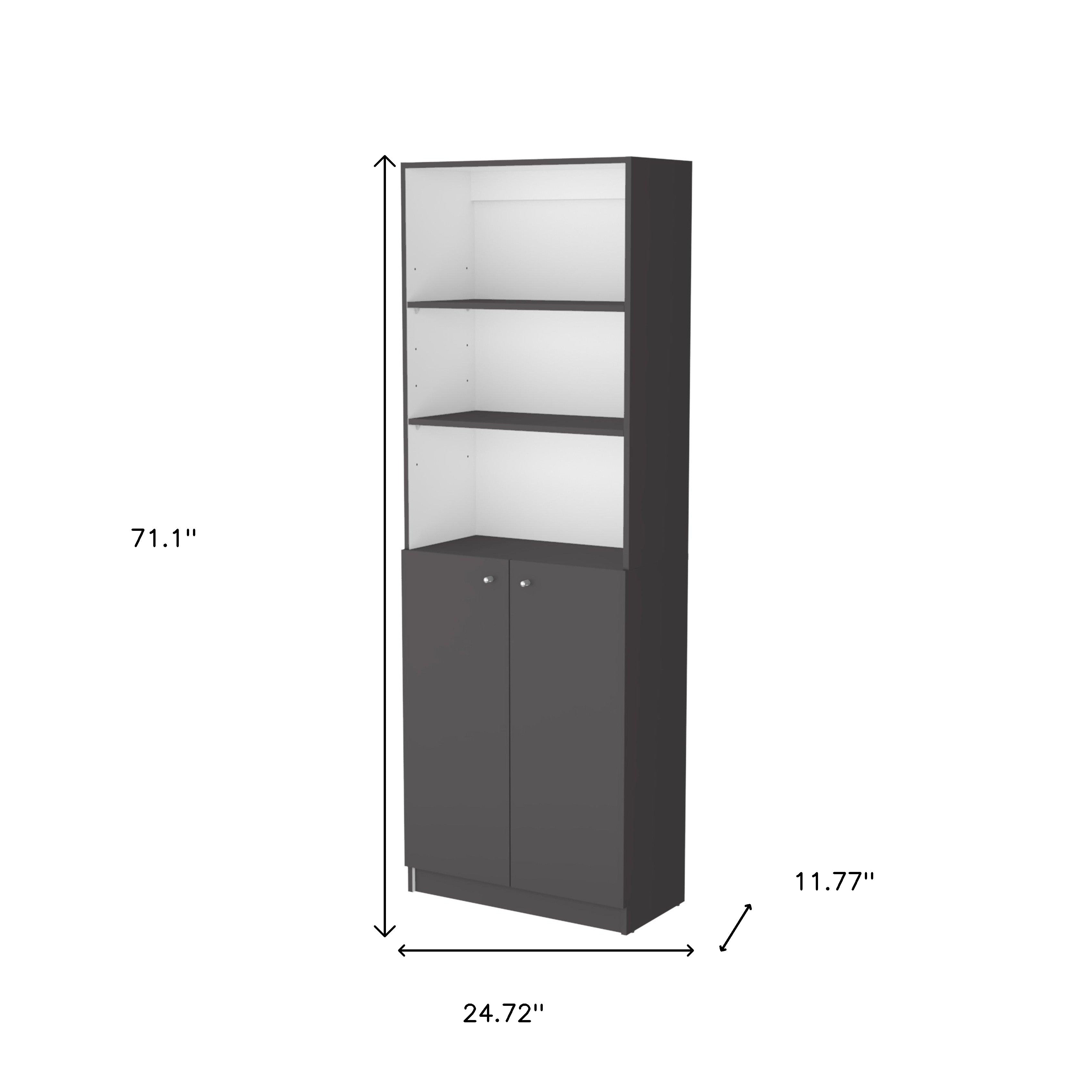 71" Gray And White Wood Three Tier Bookcase with Two Doors