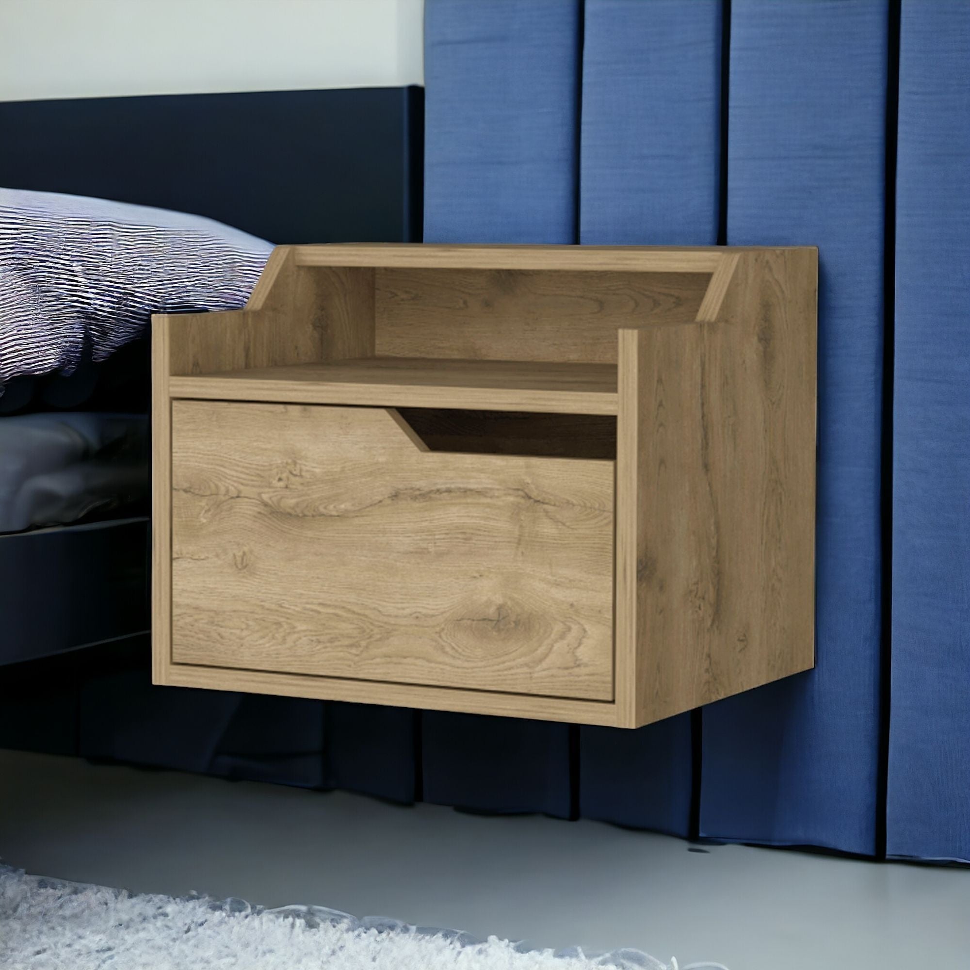 13" Beige One Drawer Faux Wood Floating Nightstand