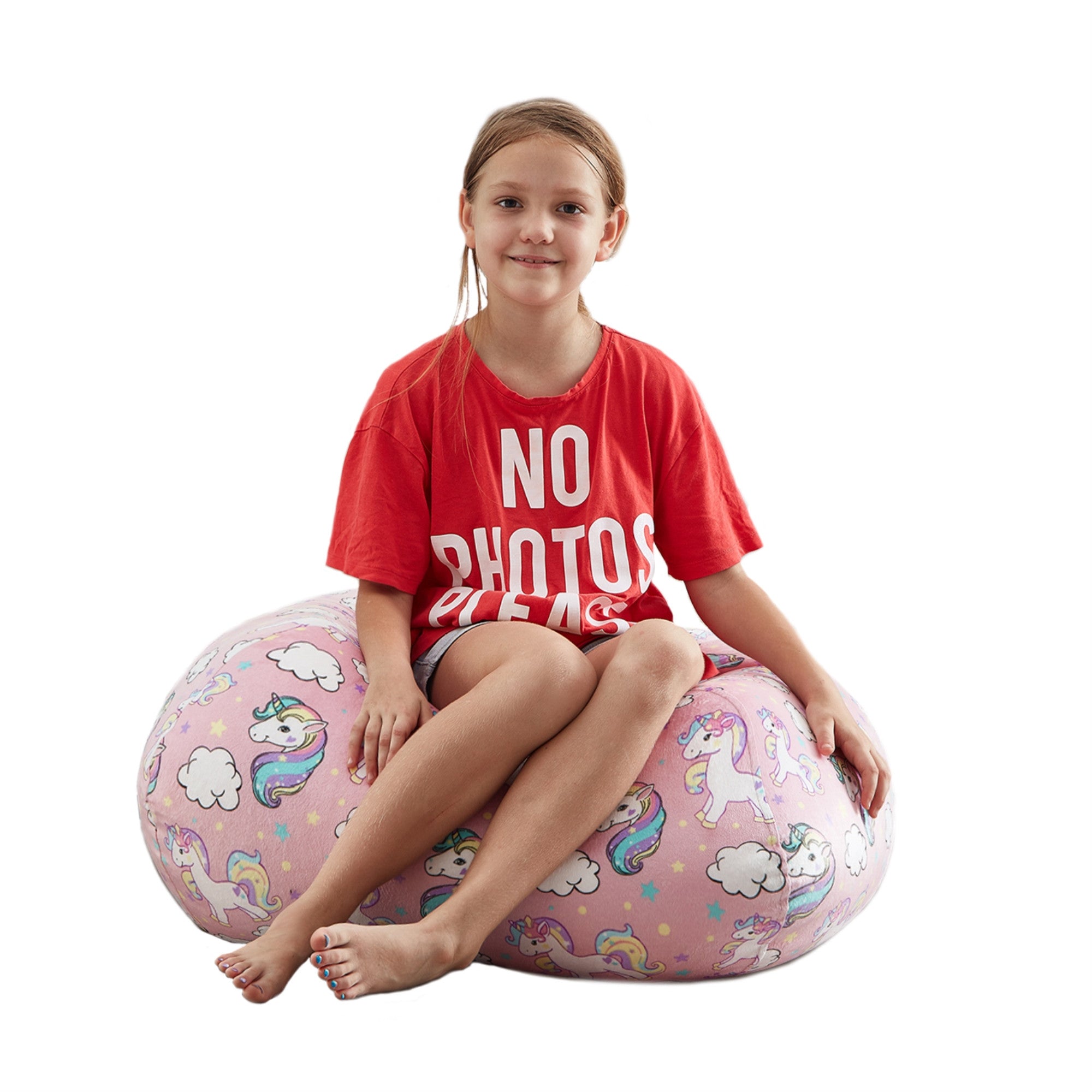 32" Pink and White Microfiber Round Unicorn Pouf Cover