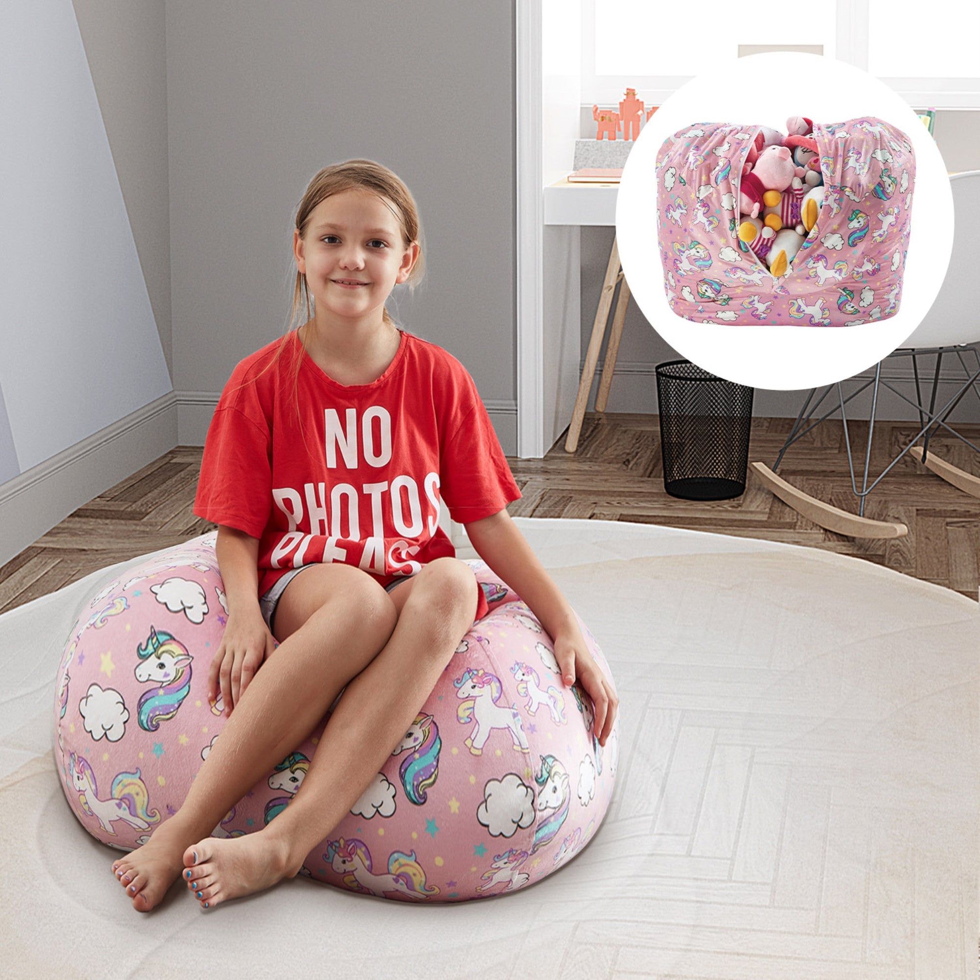 32" Pink and White Microfiber Round Unicorn Pouf Cover