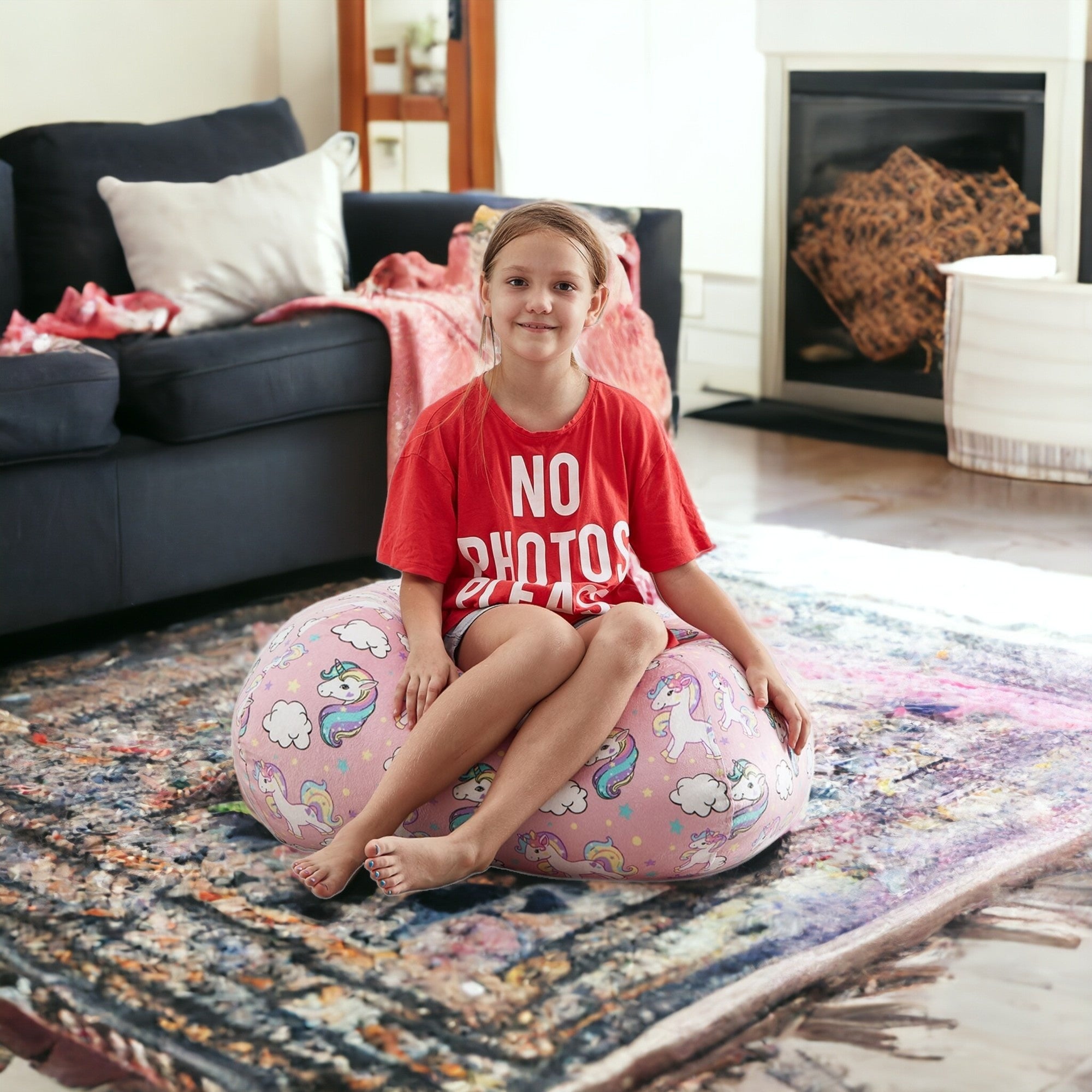 32" Pink and White Microfiber Round Unicorn Pouf Cover