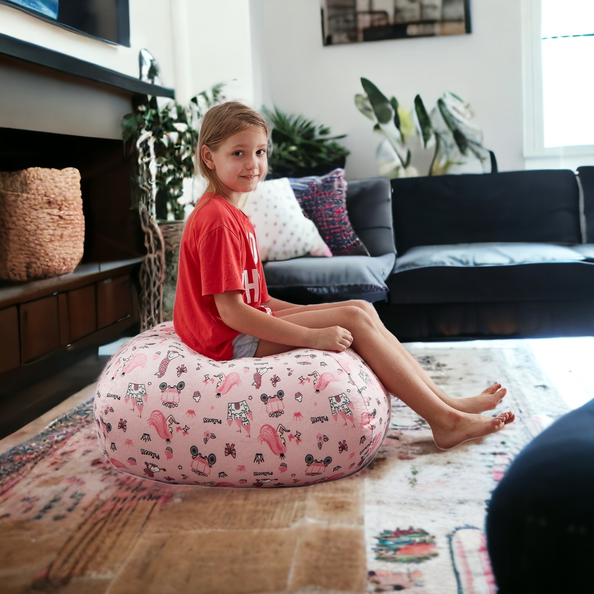 32" Pink and White Microfiber Round Unicorn Pouf Cover