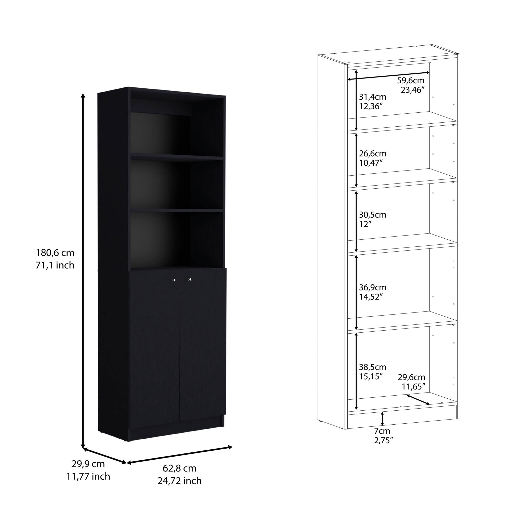 Set of Two 71" Black Bookcase With Two Doors