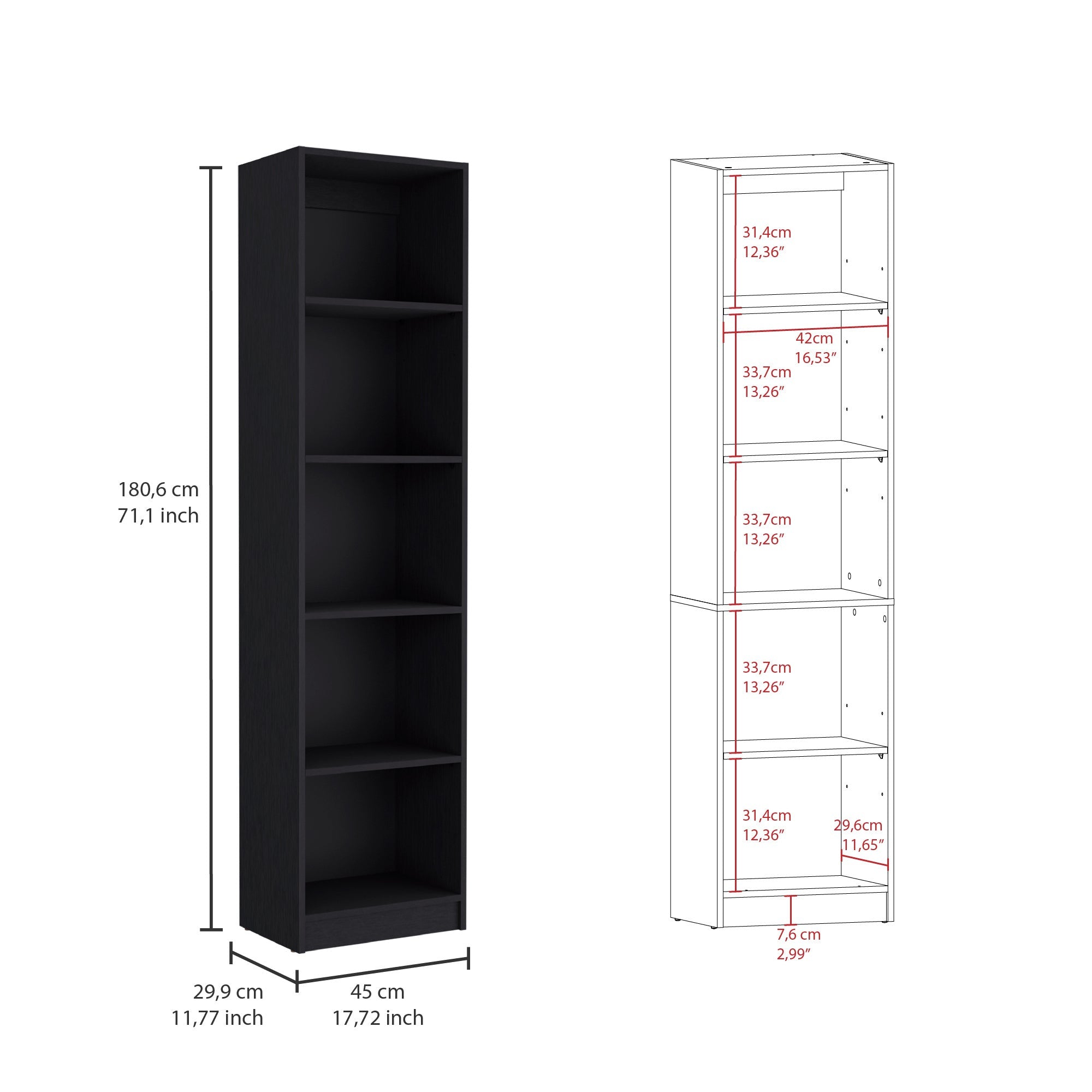 71" Black Five Tier Bookcase with Two doors