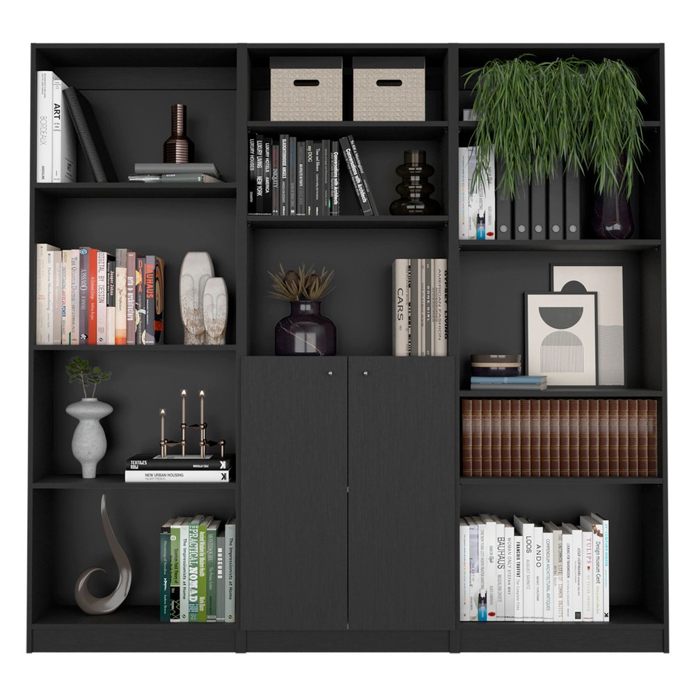 Set of Three Black Wood Five Tier Bookcase with Two Doors