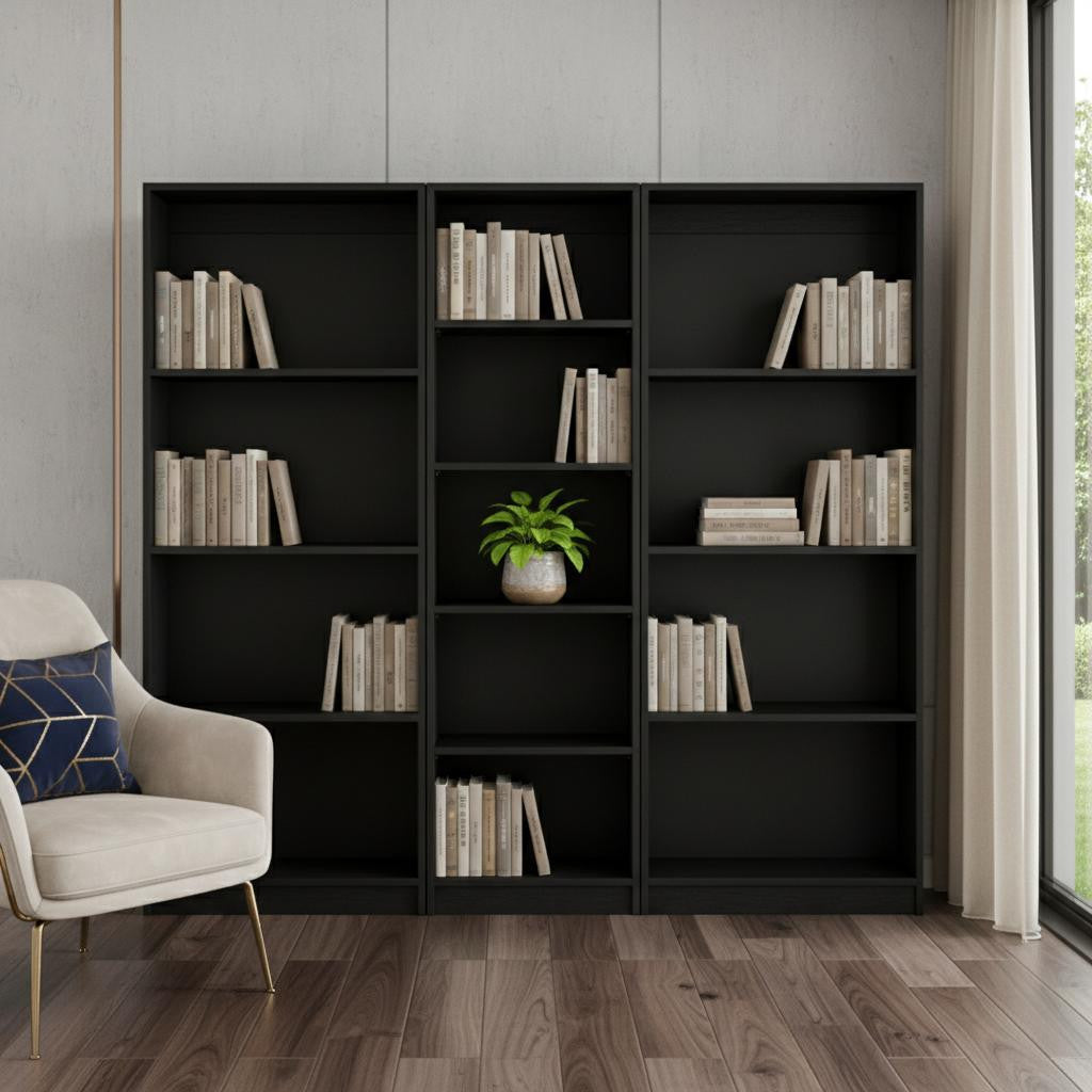 Set of Three Black Wood Five Tier Bookcase