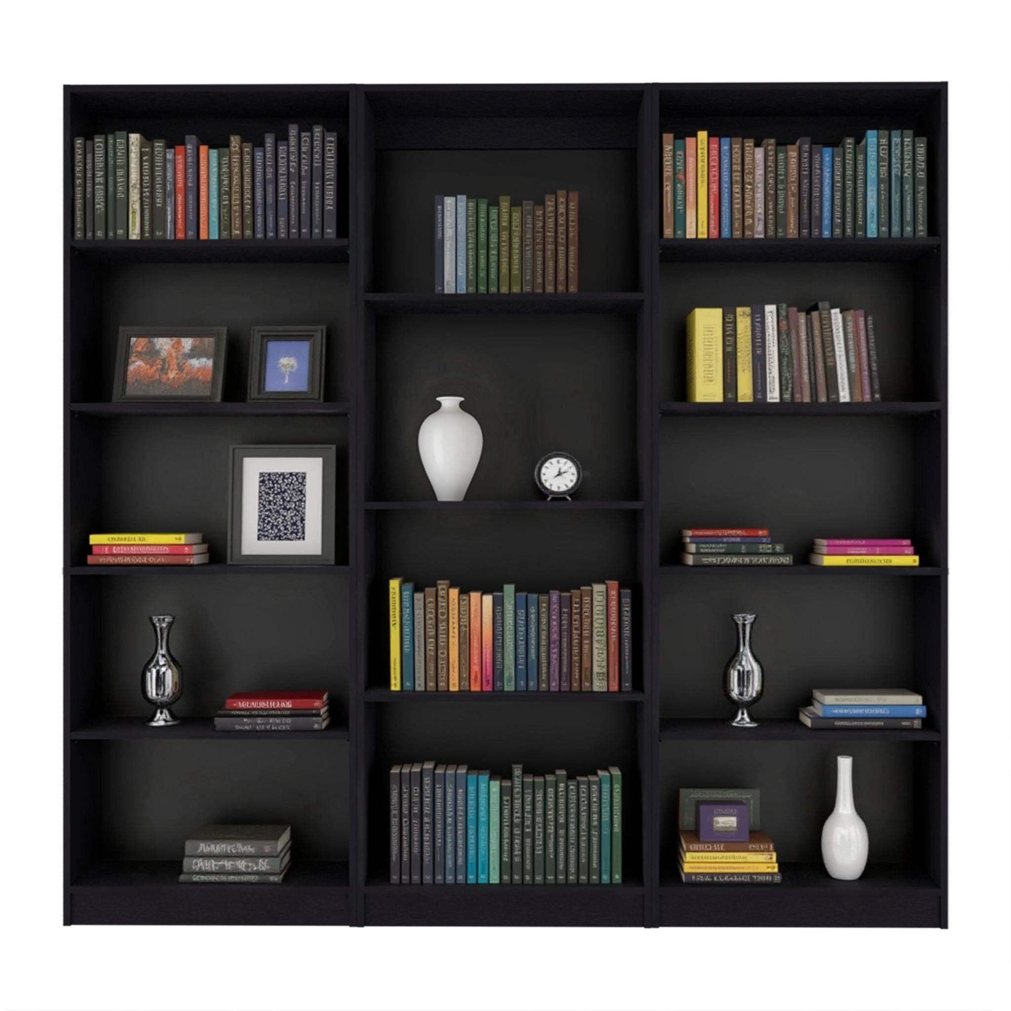 Set of Three Black Wood Four Tier Bookcases