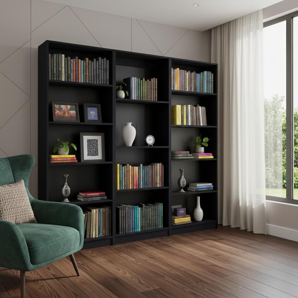 Set of Three Black Wood Four Tier Bookcases