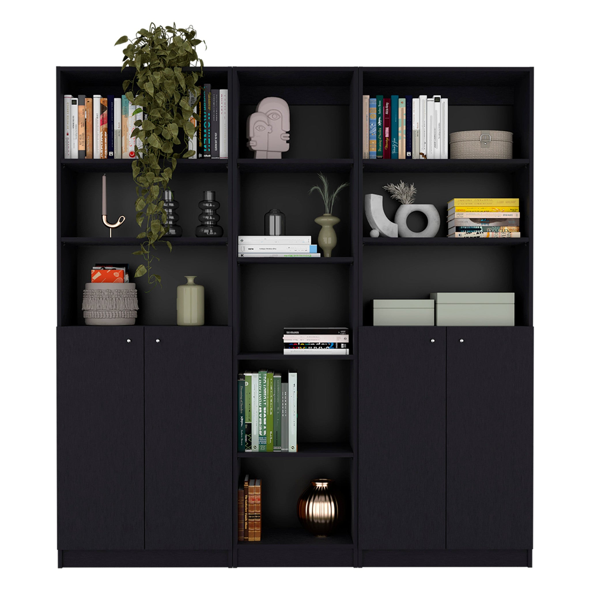 71" Black Five Tier Bookcase with Four doors