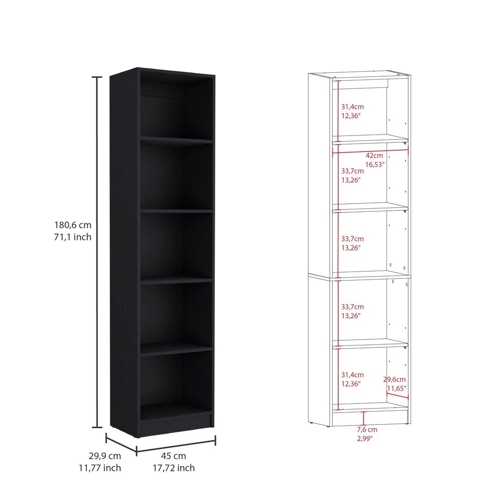 71" Black Five Tier Bookcase with Four Doors