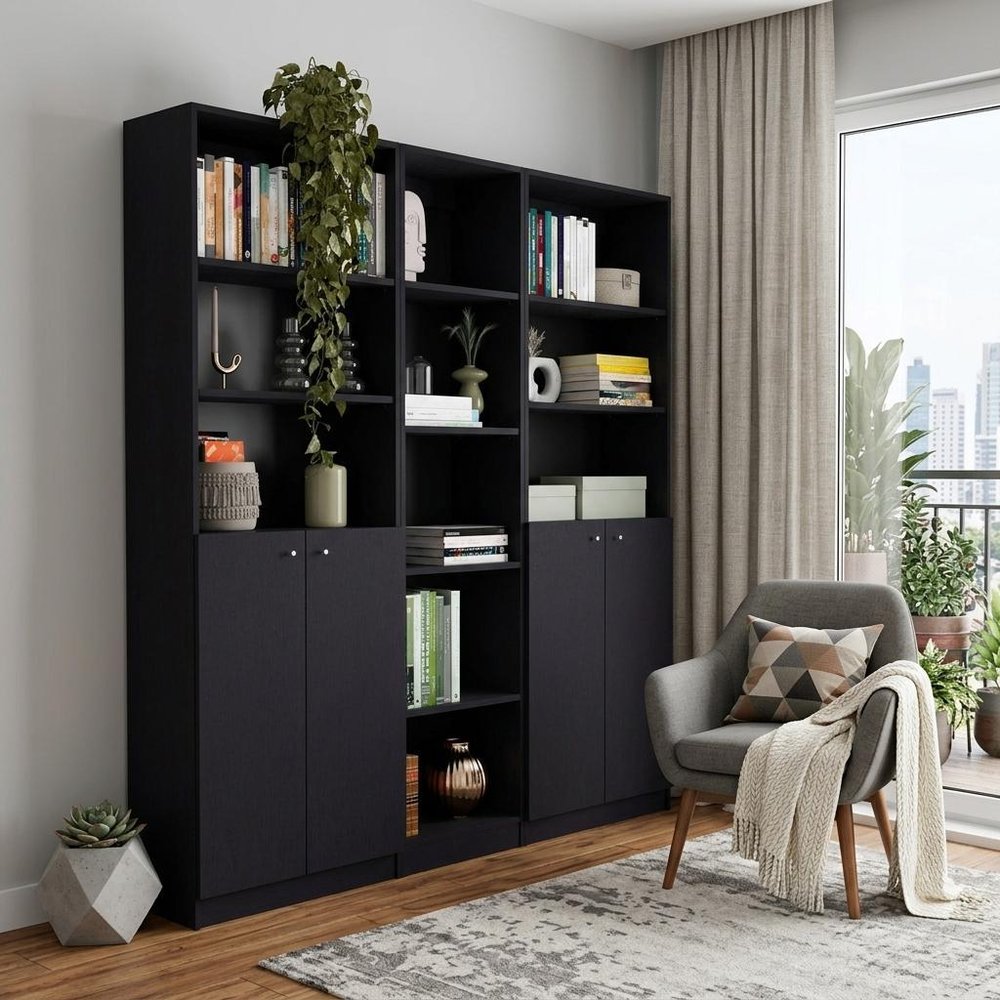 71" Black Five Tier Bookcase with Four Doors