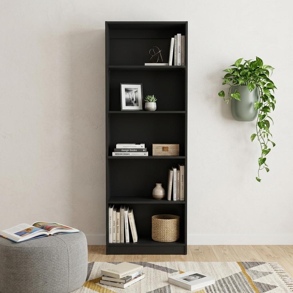 Set of Three Black Five Tier Bookcase with Two Doors