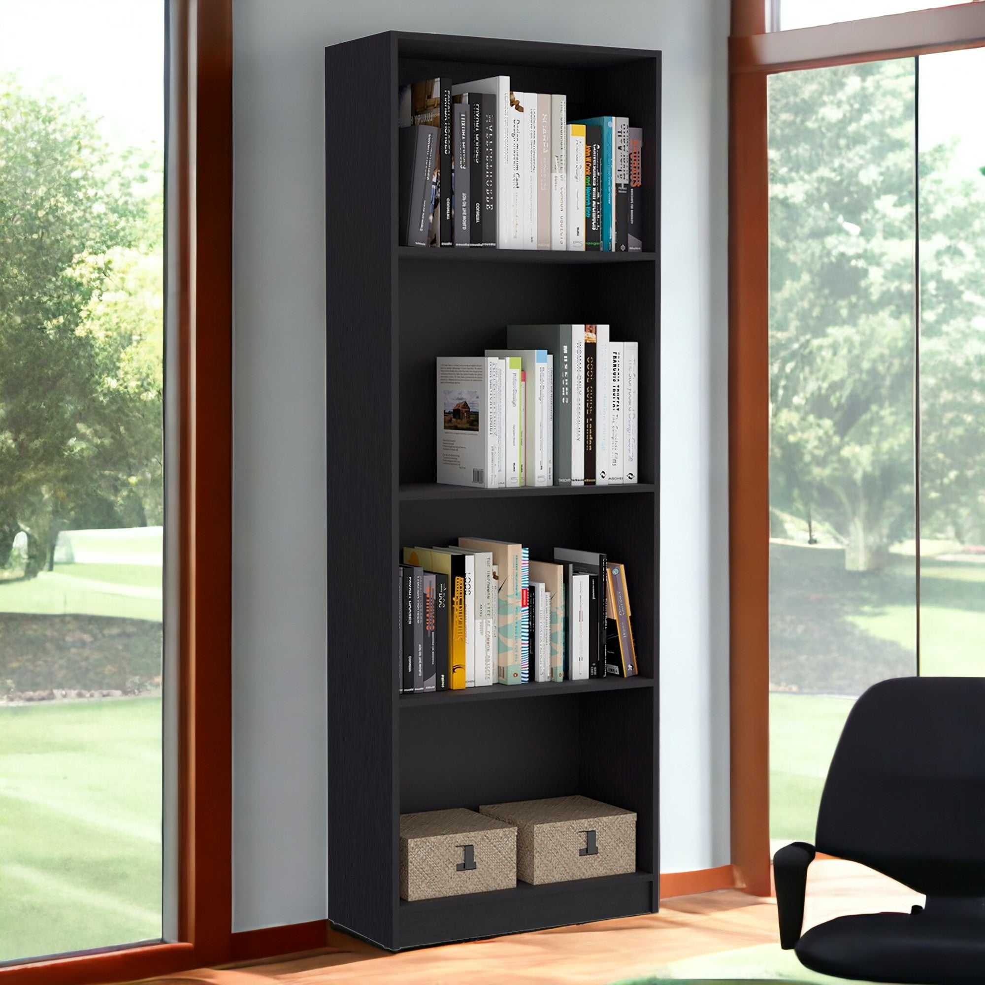 71" Black Four Tier Bookcase with Two doors