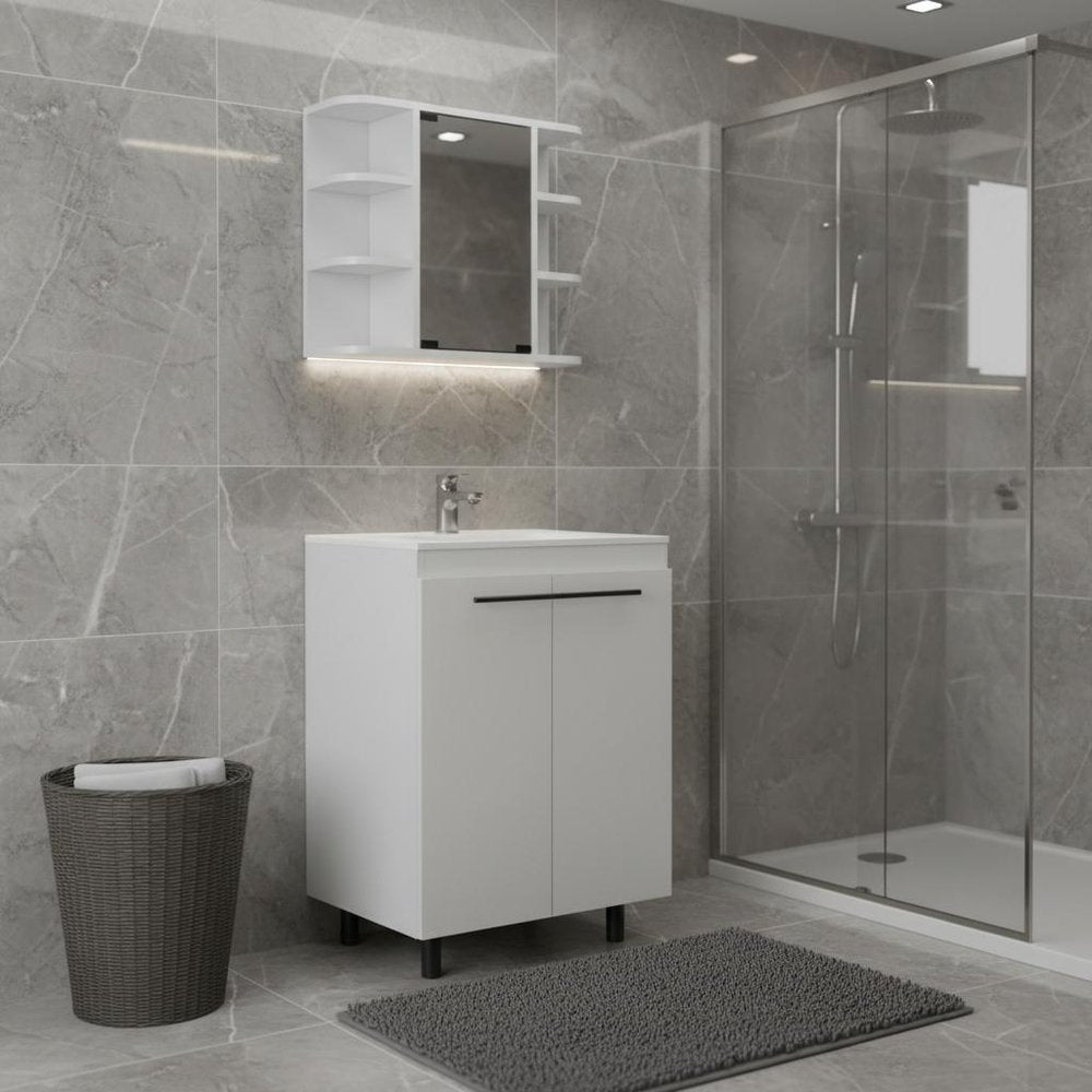 24" White Wood Freestanding Bathroom Vanity With Sink And Medicine Cabinet With Mirror