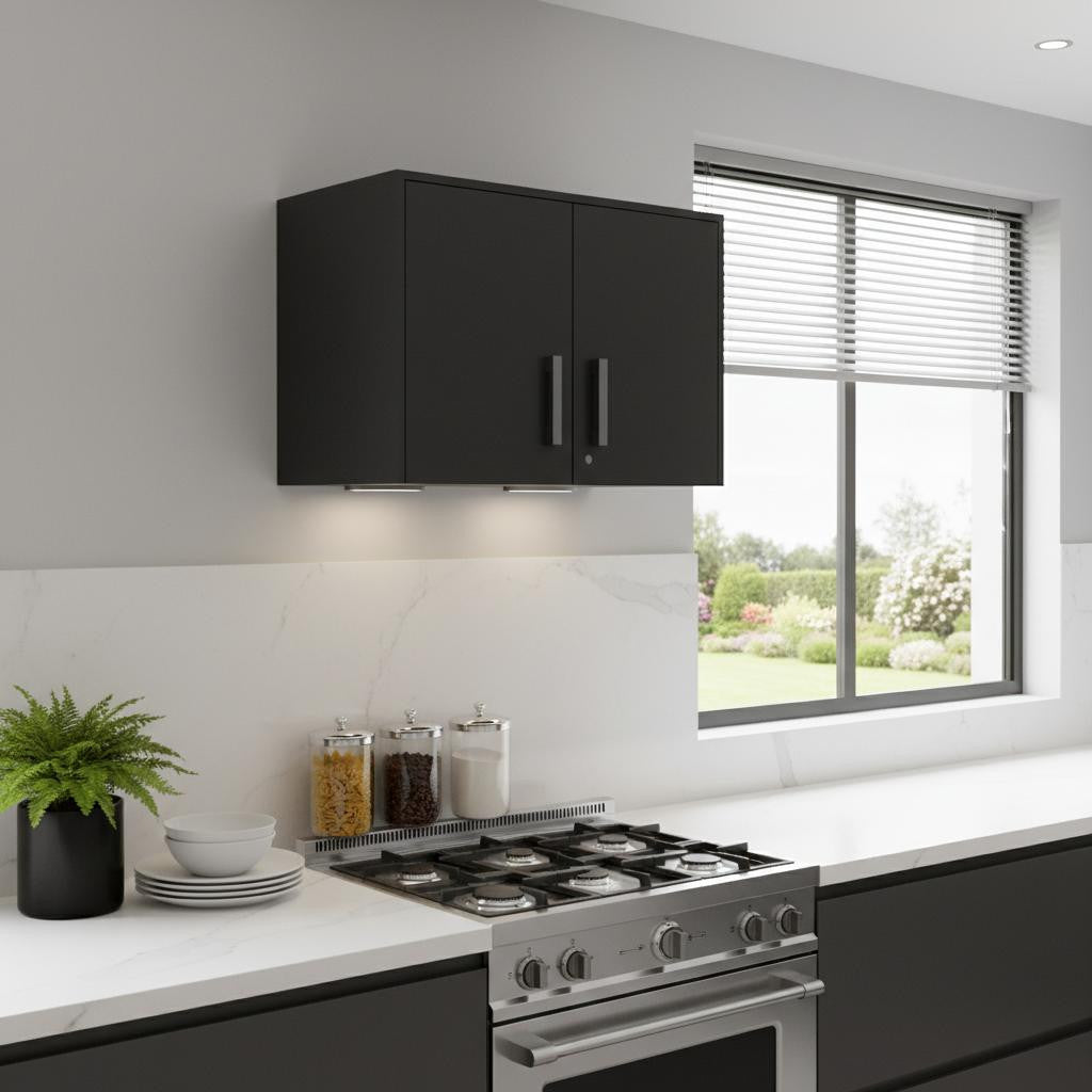 28" Black Wall mounted Accent Cabinet With Four Shelves And Six Drawers