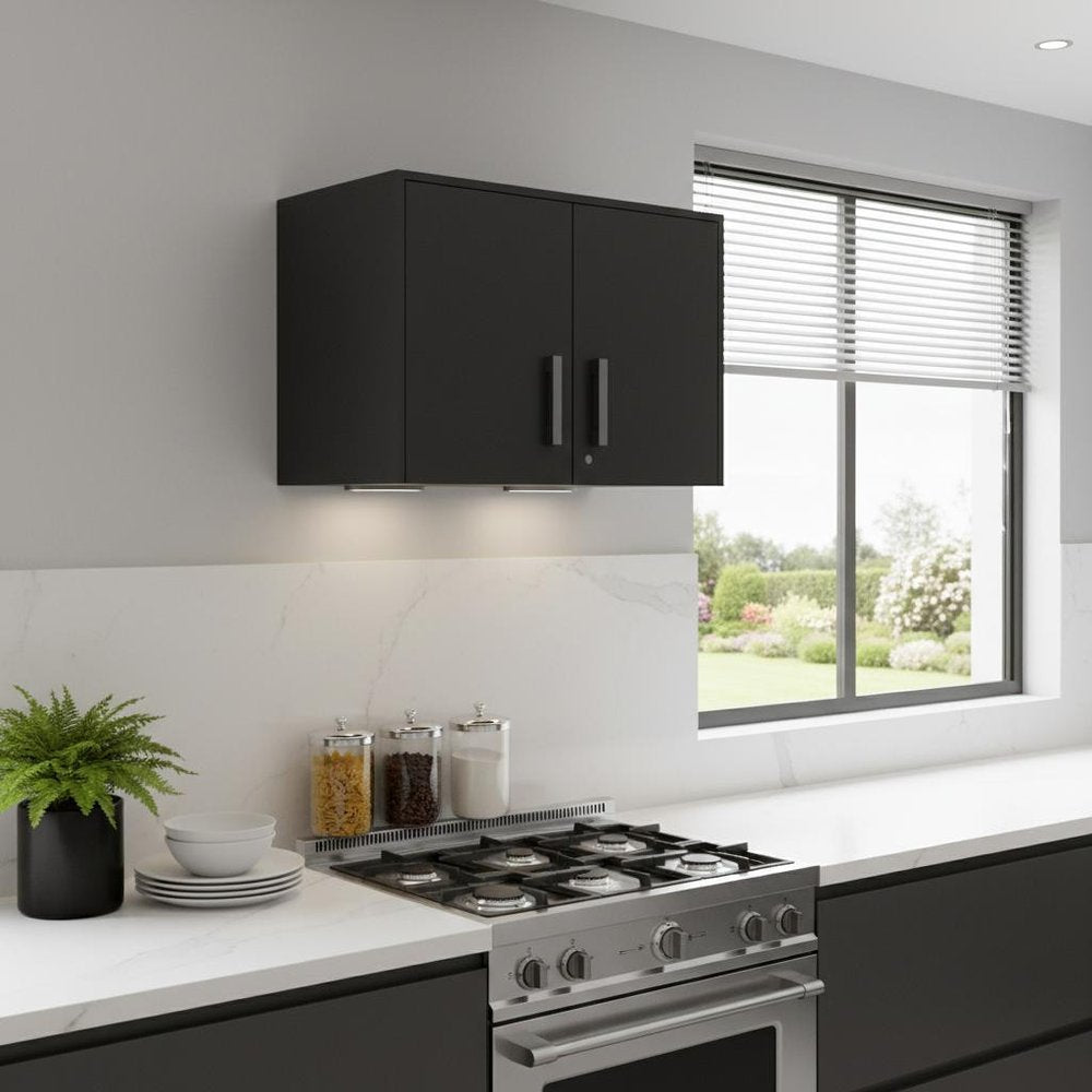 28" Black Wall mounted Accent Cabinet With Four Shelves And Six Drawers