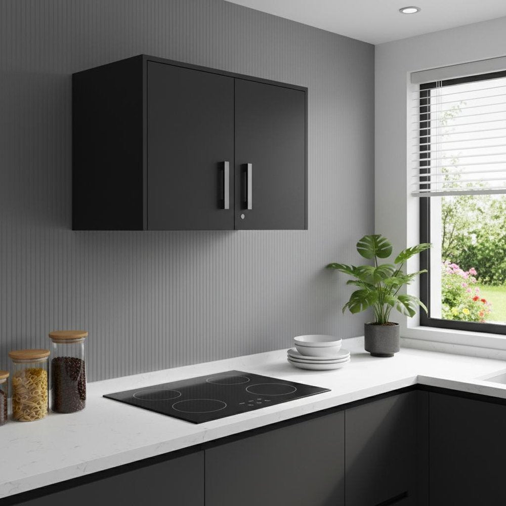 28" Black Wall mounted Accent Cabinet With Eight Shelves And Six Drawers