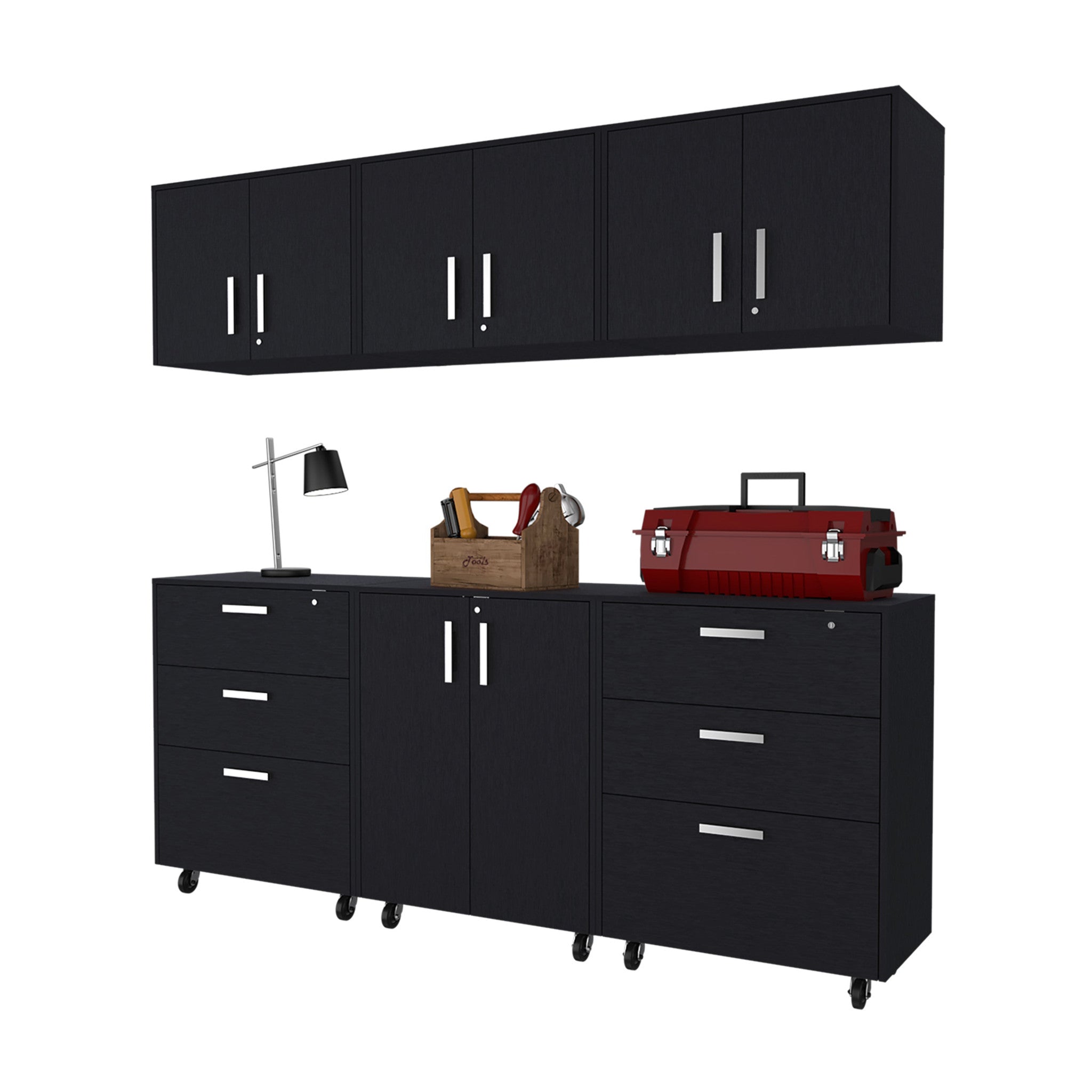 28" Black Wall mounted Accent Cabinet With Eight Shelves And Six Drawers
