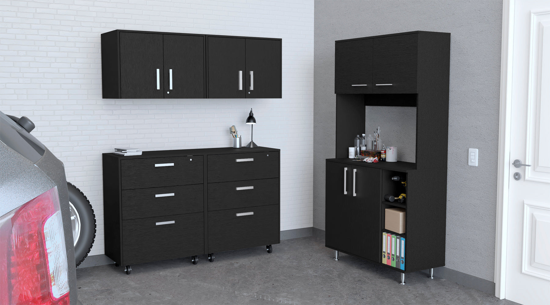 28" Black Wall mounted Accent Cabinet With Seven Shelves And Six Drawers