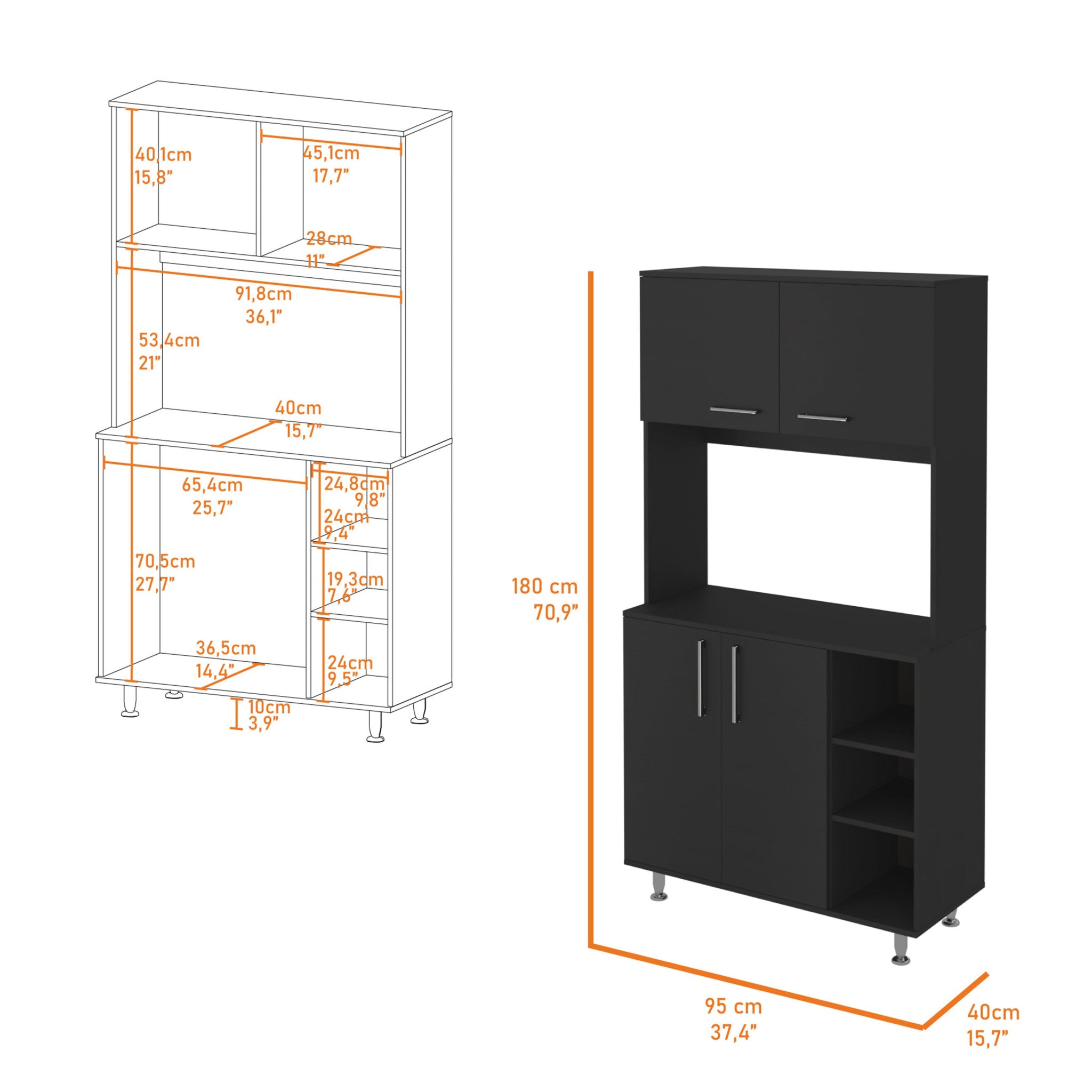 28" Black Wall mounted Accent Cabinet With Seven Shelves And Six Drawers