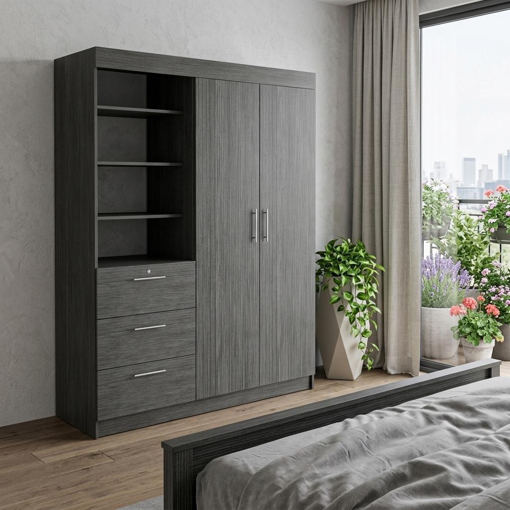 79" Gray Wood Two Door Three Drawer Combo Dresser