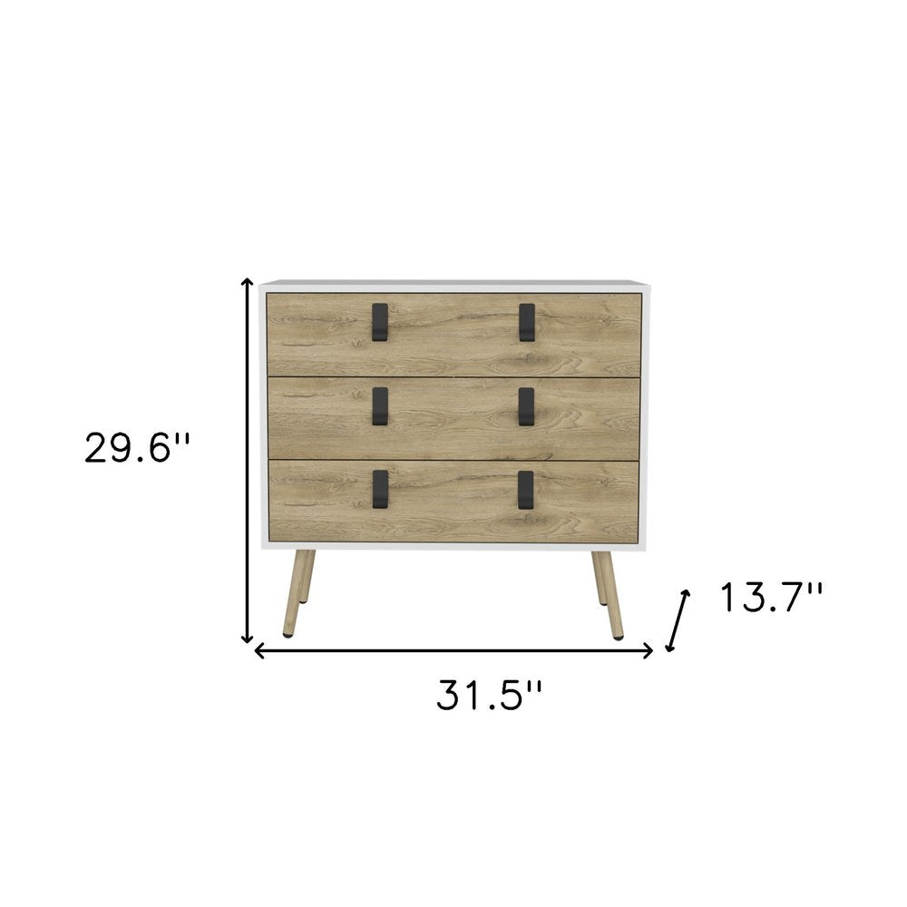 32" White and Natural Three Drawer Dresser