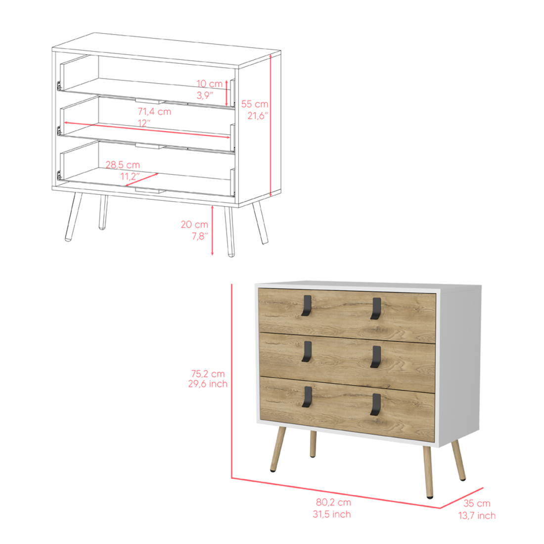 32" White and Natural Three Drawer Dresser