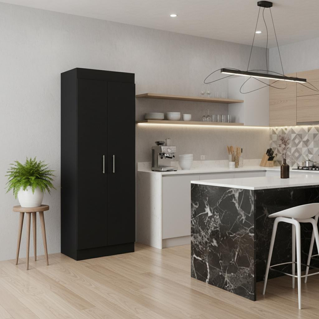 67" Black Wood Pantry Or Storage Closet