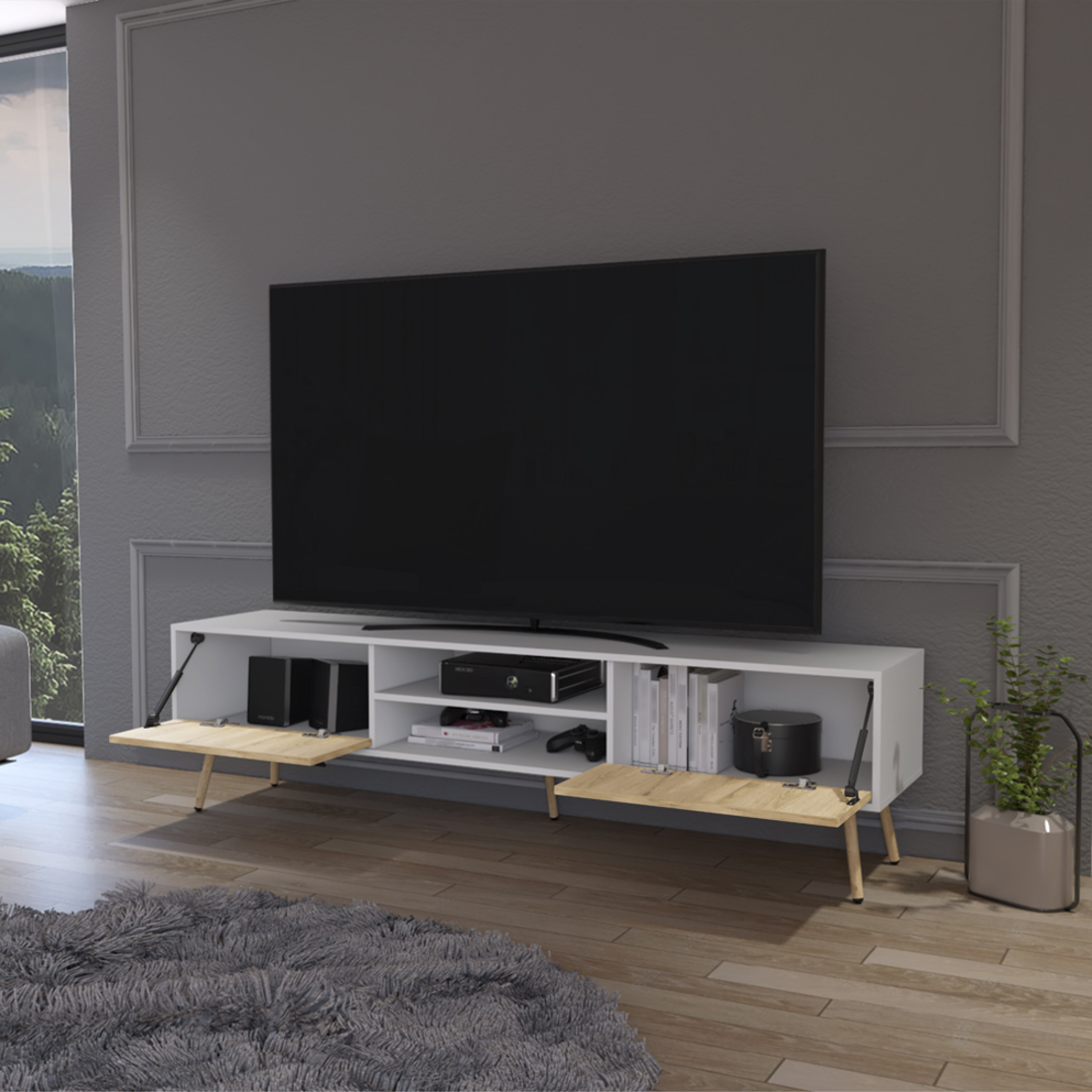 71" White And Beige Enclosed And Open Storage TV Stand