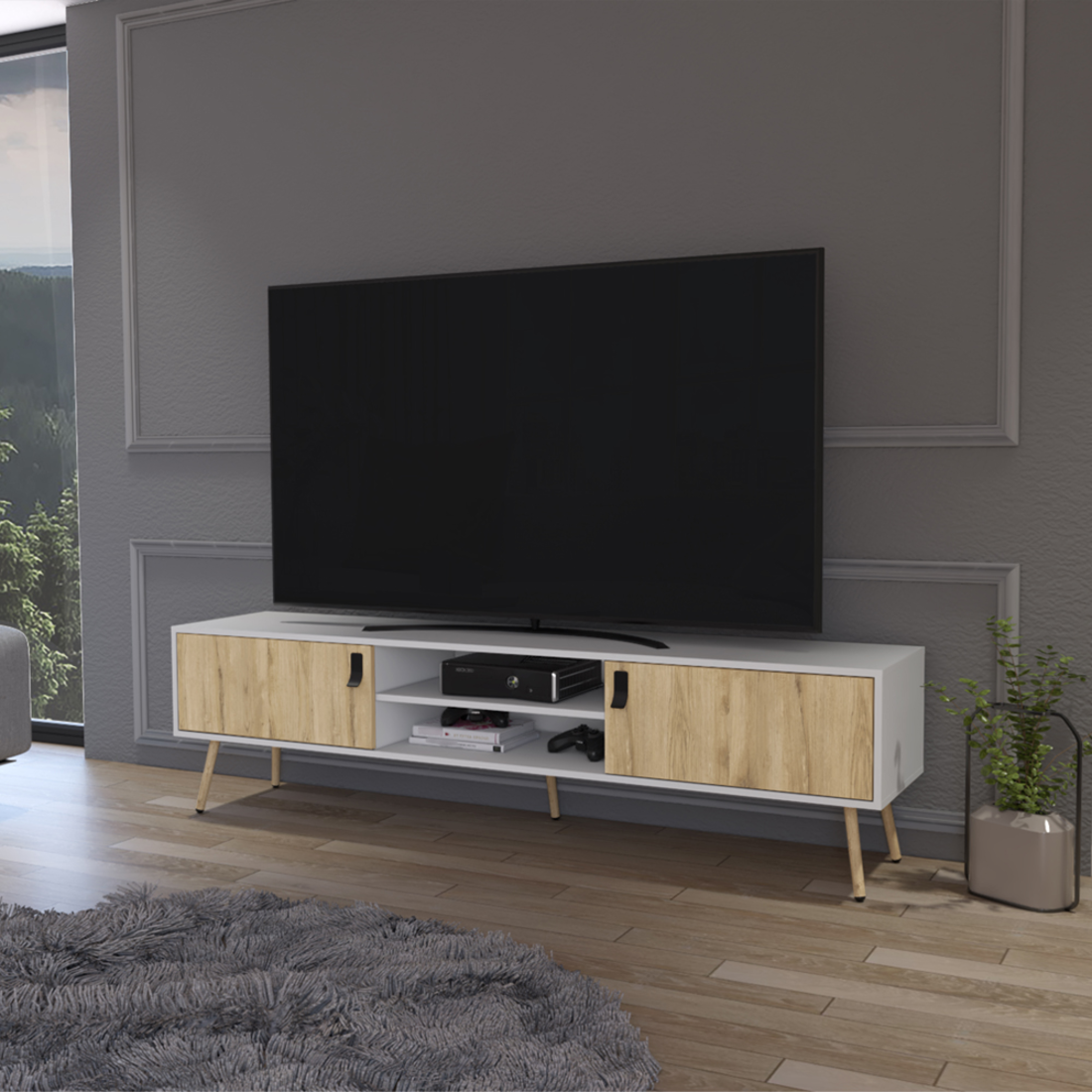 71" White And Beige Enclosed And Open Storage TV Stand