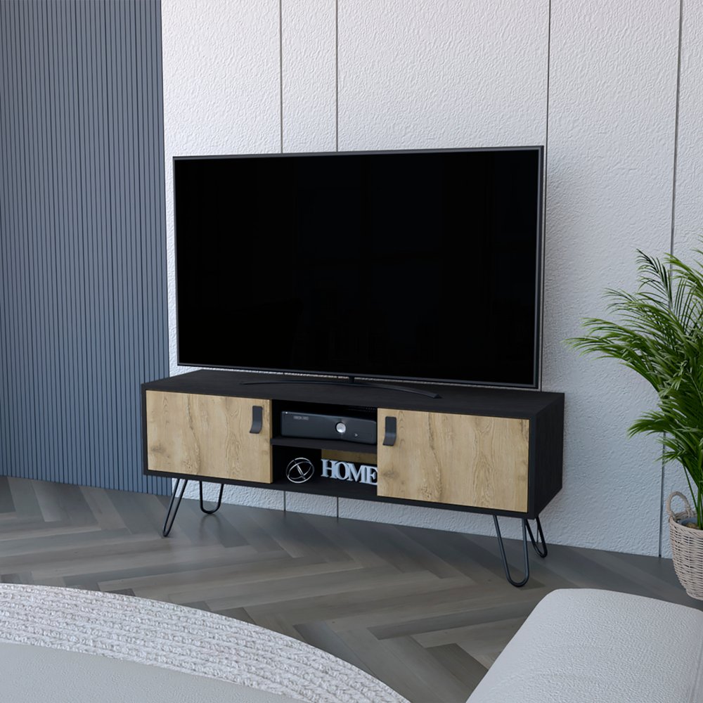 48" Beige and Black Cabinet Open And Enclosed Storage TV Stand