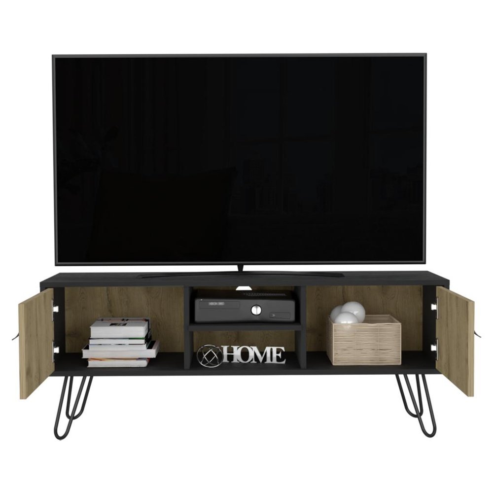 48" Beige and Black Cabinet Open And Enclosed Storage TV Stand