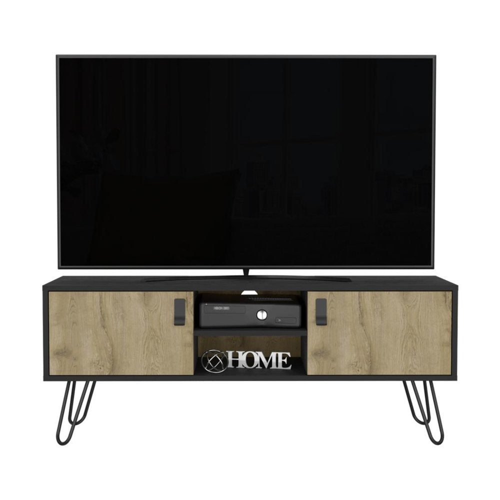 48" Beige and Black Cabinet Open And Enclosed Storage TV Stand