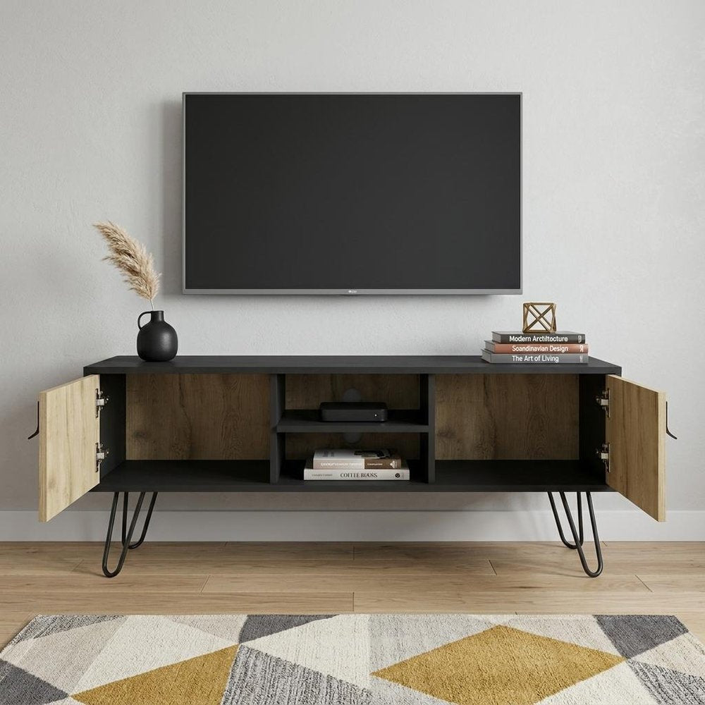 48" Beige and Black Cabinet Open And Enclosed Storage TV Stand