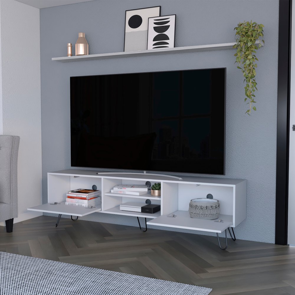 71" White Cabinet Open And Enclosed Storage TV Stand
