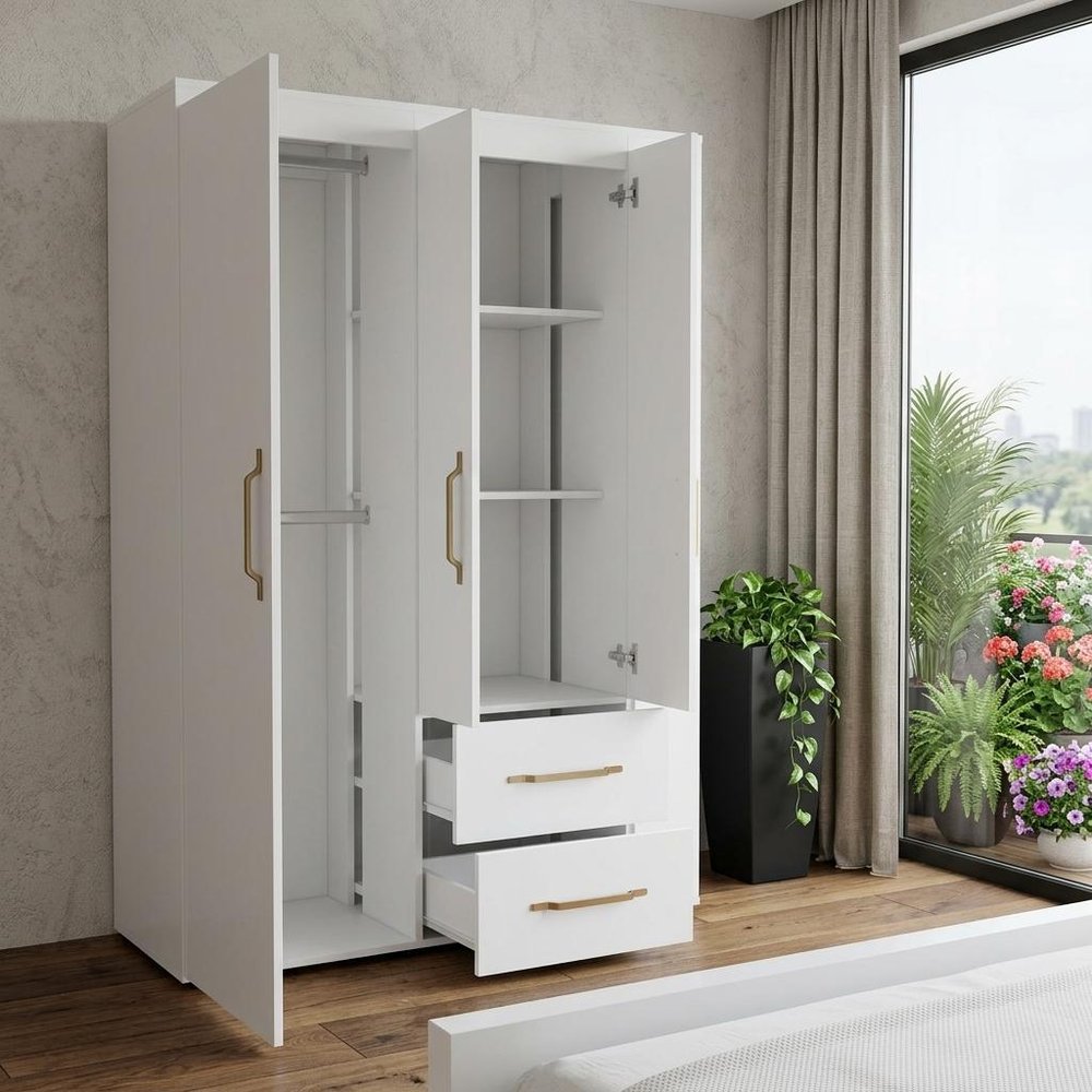 70" White Wood Four Door Two Drawer Combo Dresser