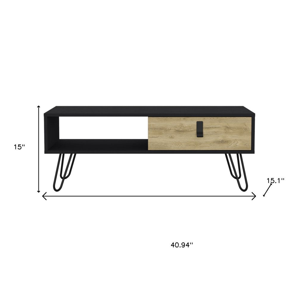 41" Black and Oak Wood and Metal Coffee Table With Drawer And Shelf