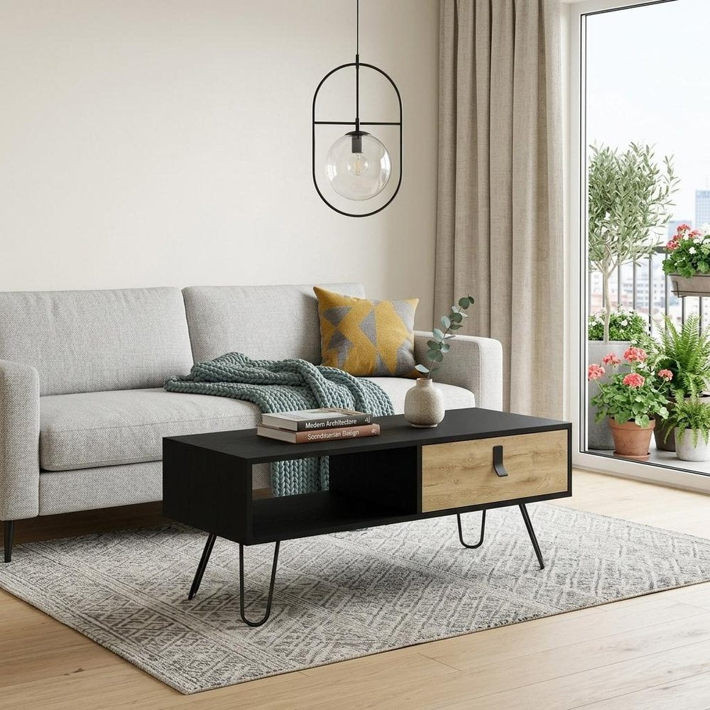 41" Black and Oak Wood and Metal Coffee Table With Drawer And Shelf