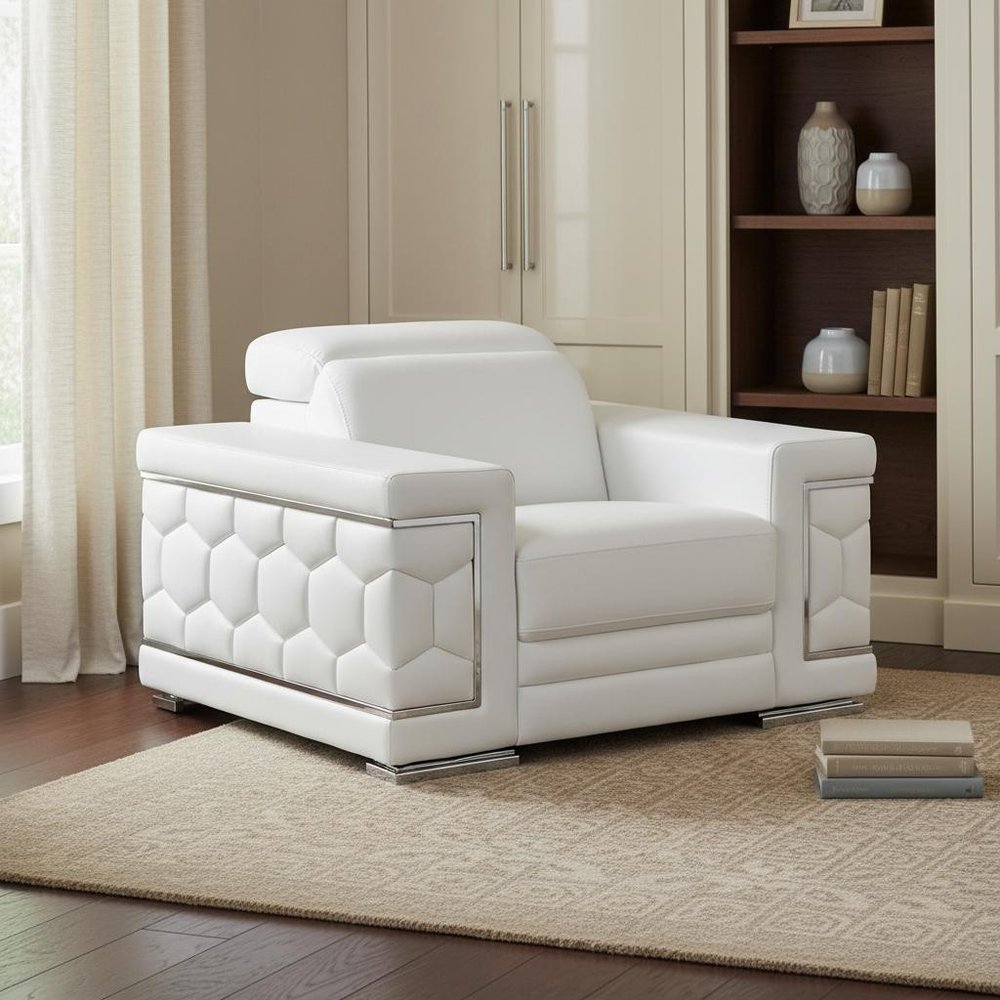 47" Beige and Silver Genuine Leather Club Chair