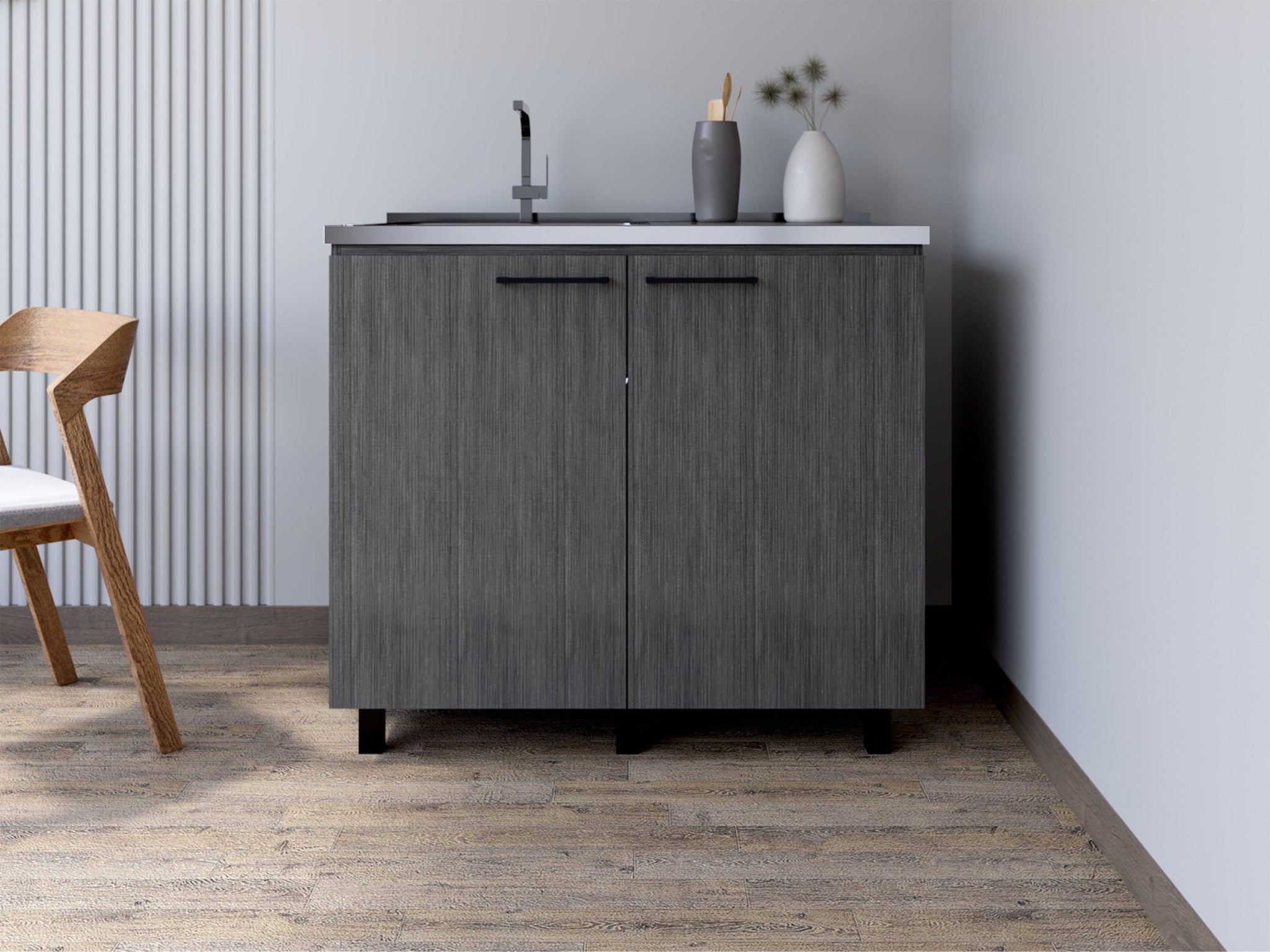 35" X 39" Dark Gray And Silver Stainless Steel and Wood Utility Cabinet With Sink