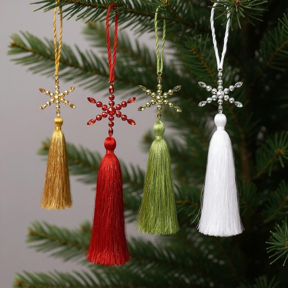 Set of Four Handmade Gold Green Red And White Acrylic Tassel Ornament s