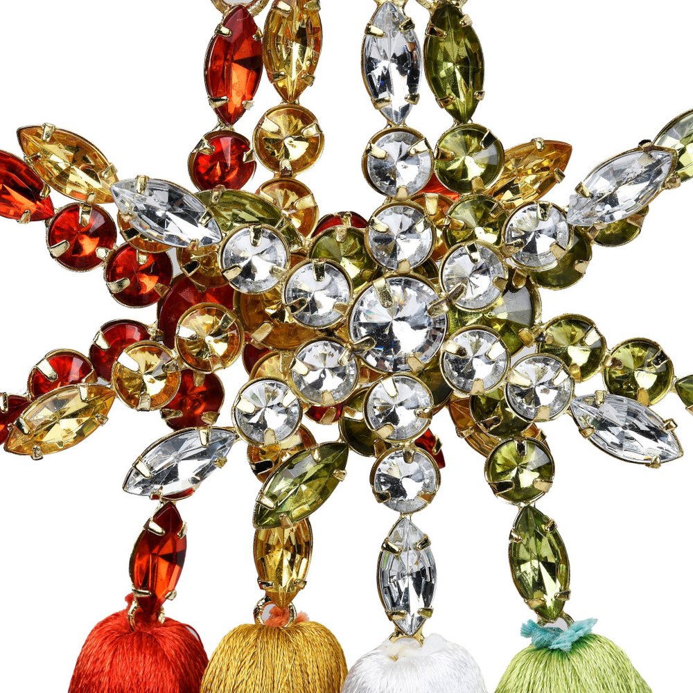Set of Four Handmade Gold Green Red And White Acrylic Tassel Ornament s