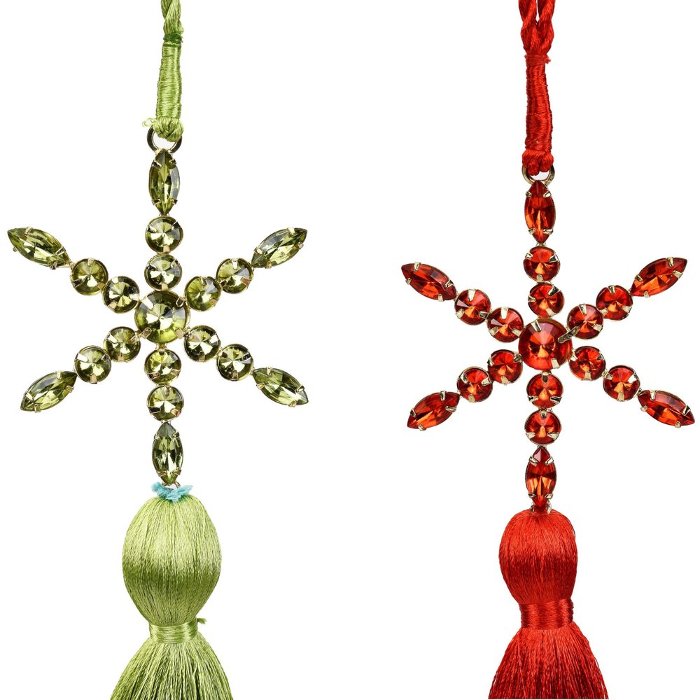Set of Four Handmade Gold Green Red And White Acrylic Tassel Ornament s