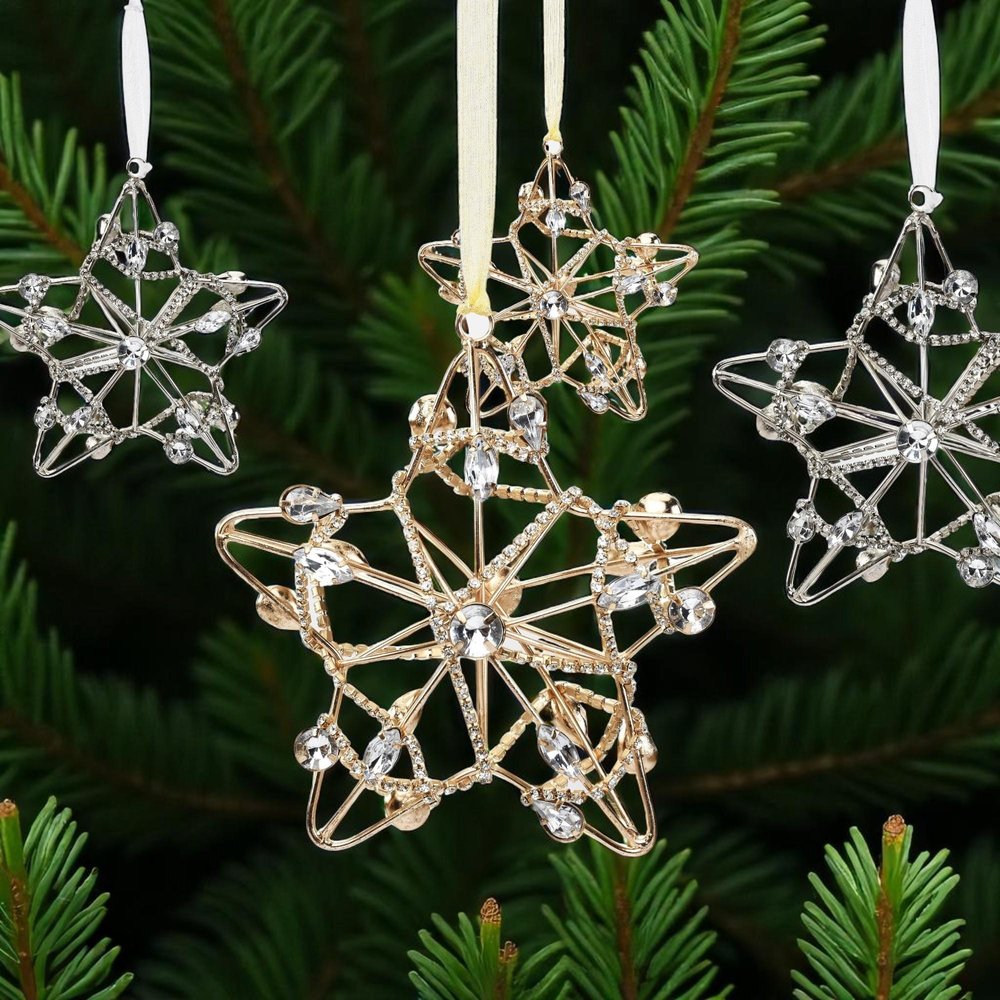 Set of Four Gold And Silver Handmade Faux Crystal And Metal Hanging Star Ornaments