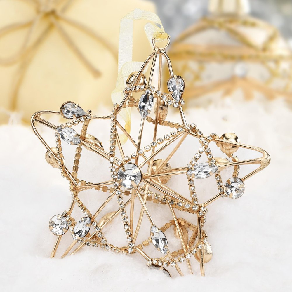 Set of Four Gold And Silver Handmade Faux Crystal And Metal Hanging Star Ornaments