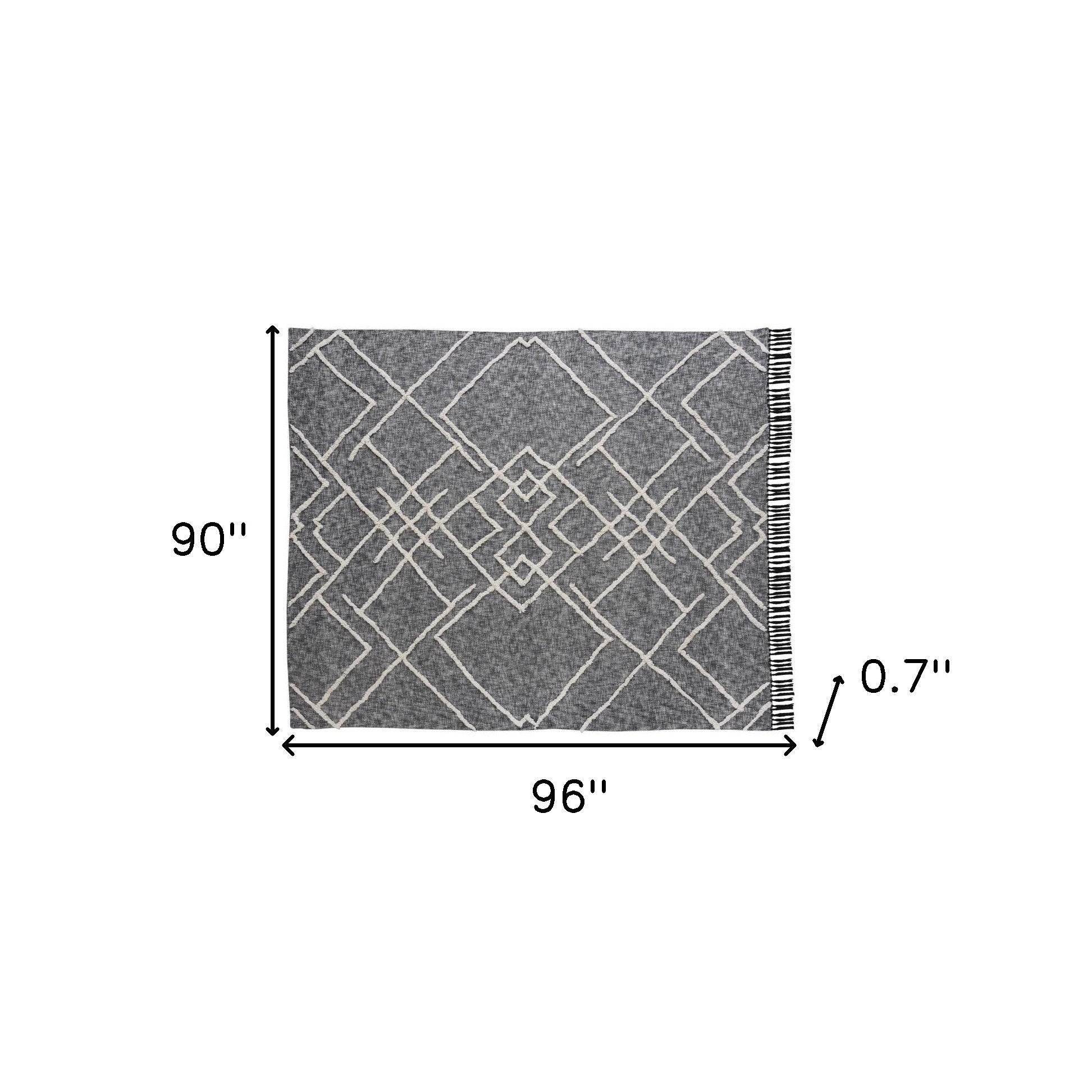 Charcoal and Off White Geometric King Cotton Coverlet With Fringe