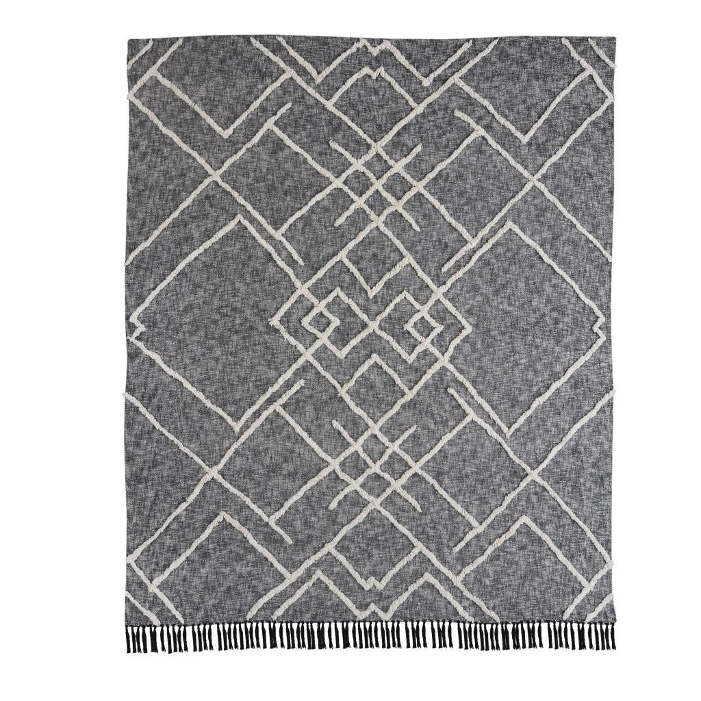 Charcoal and Off White Geometric King Cotton Coverlet With Fringe