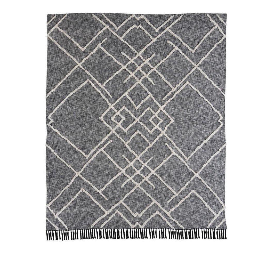 Charcoal and Off White Geometric Twin Cotton Coverlet With Fringe